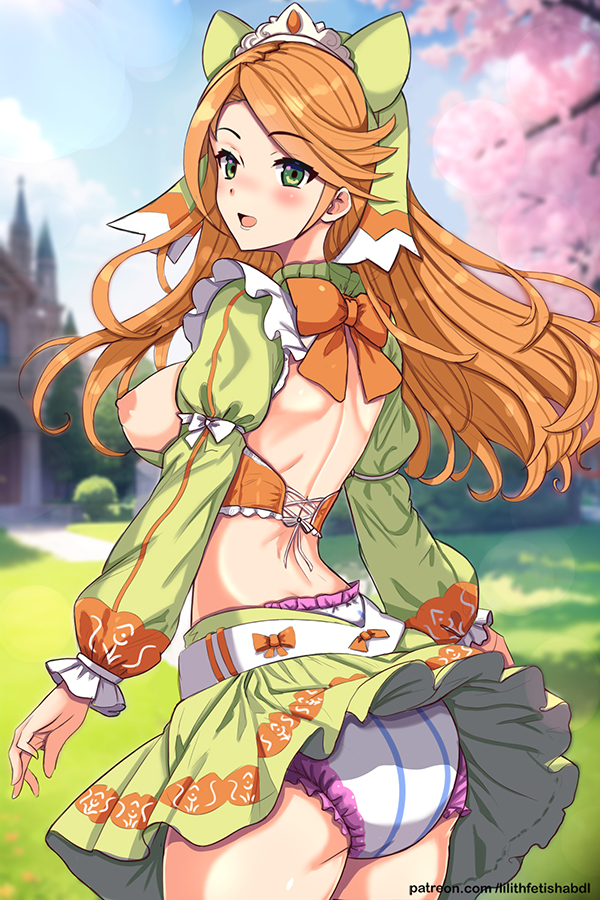 1girls abdl ass back back_view backless_outfit bare_back bare_thighs big_ass blush breasts breasts_out cherry_blossoms diaper etie_(fire_emblem) female female_only fire_emblem fire_emblem_engage green_eyes infantilism lilith-fetish long_hair looking_back medium_breasts nintendo nipples open_mouth orange_hair outdoors pantyshot pantyshot_(standing) skirt smile solo thick_thighs thighs tree upskirt