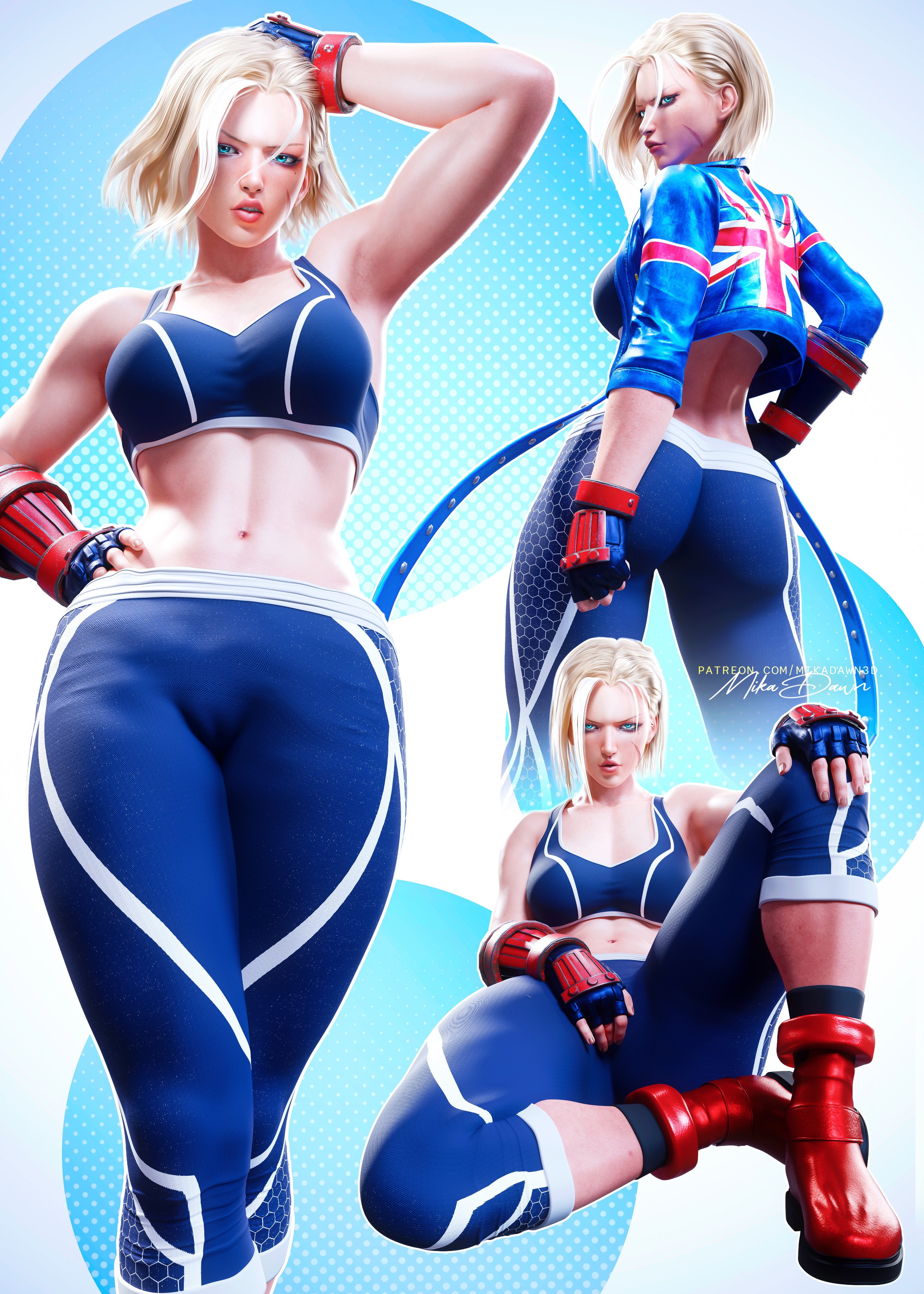 1girls, 3d, 3d (artwork), armwear, ass, big ass, blonde hair, blue eyes, cammy white, capcom, female, female only, fully clothed, leaning on hand, looking at viewer, looking back, looking back at viewer, mikadawn, multiple views, on side, scar, scar on cheek, solo, sportswear, street fighter, street fighter 6, thick thighs, toned, toned female, tuft, union jack, voluptuous
