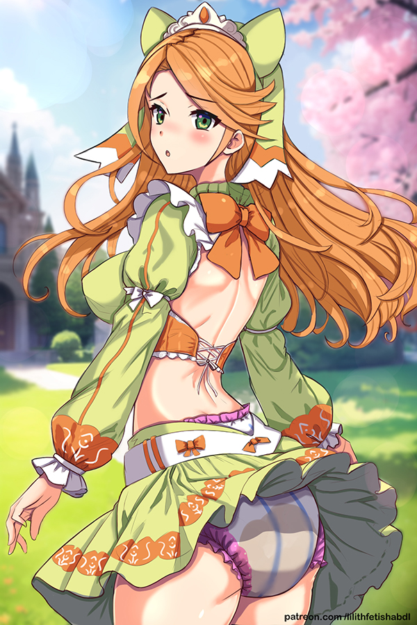 1girls, abdl, ass, back, back view, backless outfit, bare back, bare thighs, big ass, blush, breasts, cherry blossoms, covered nipples, diaper, embarrassed, etie (fire emblem), female, female only, fire emblem, fire emblem engage, green eyes, infantilism, lilith-fetish, long hair, looking back, medium breasts, nintendo, open mouth, orange hair, outdoors, pantyshot, pantyshot (standing), peeing, peeing self, skirt, solo, thick thighs, thighs, tree, upskirt, urine