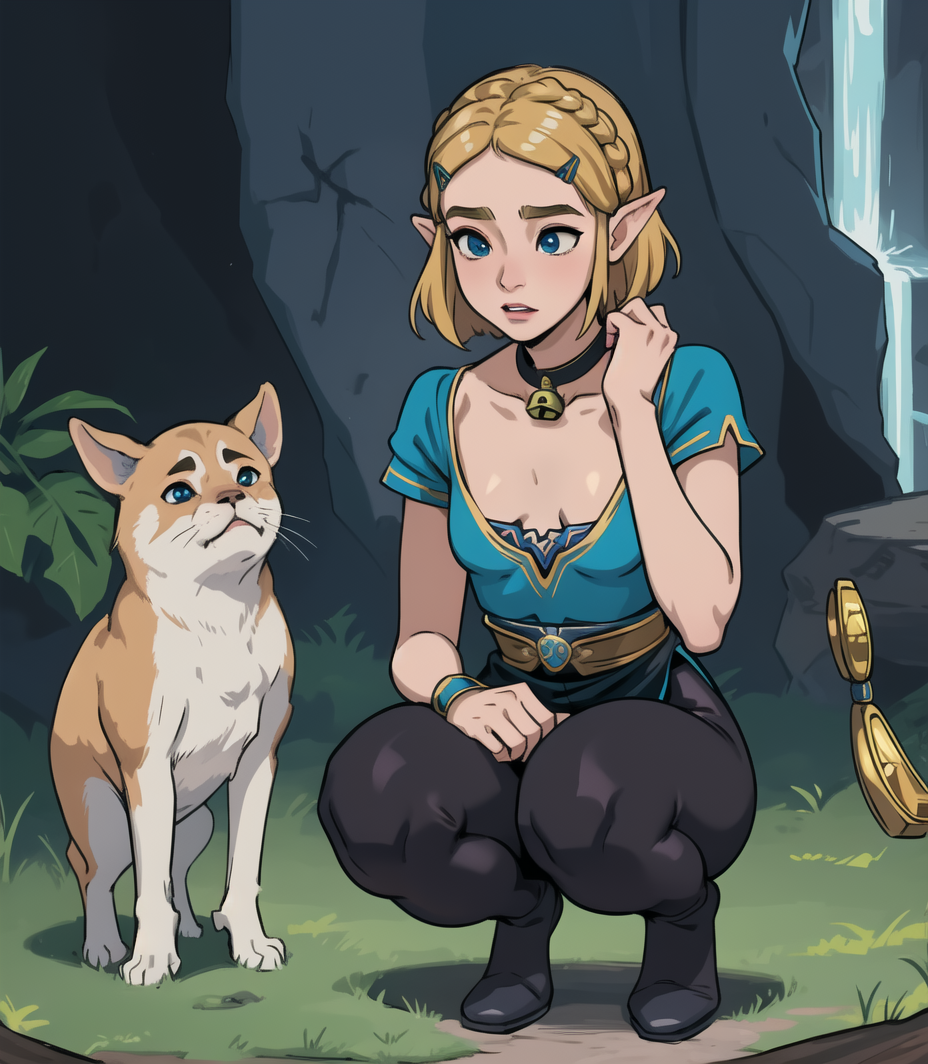 ai generated, blonde hair, blue eyes, canine, female, princess zelda, squatting, stable diffusion, tears of the kingdom, the legend of zelda, thighs, wide hips, zelda (tears of the kingdom)