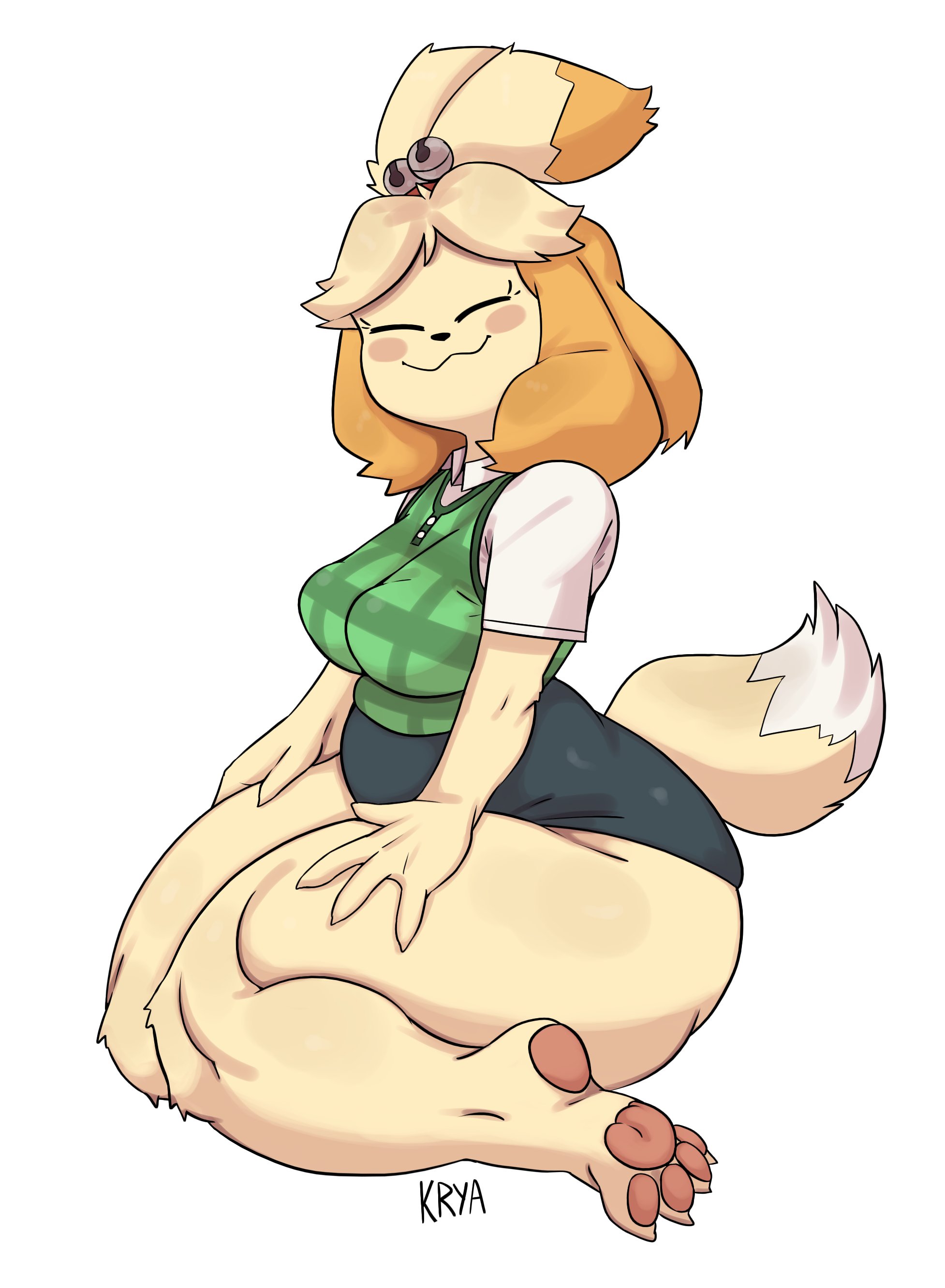 :3, adorable, animal crossing, anthro, big breasts, breasts, canid, canine, canis, closed eyes, clothed, clothing, cute, female, fur, furry, furry only, hi res, isabelle (animal crossing), kryadrawgin, nintendo, slightly chubby, solo, tail, thick thighs, wide hips