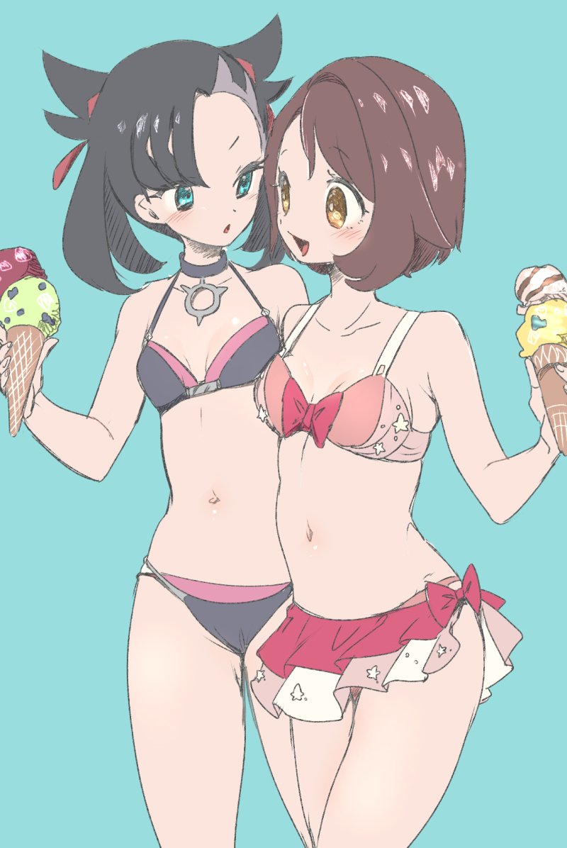 2girls bikini bikini_skirt black_bikini black_hair black_swimsuit blue_eyes breasts brown_eyes brown_hair choker chorimokki female female_only food gloria_(pokemon) hair_ribbon holding_ice_cream holding_ice_cream_cone ice_cream ice_cream_cone marnie_(pokemon) medium_breasts midriff multiple_girls navel nintendo pink_bikini pink_swimsuit pokemon pokemon_ss short_hair swimsuit swimsuit_skirt twintails