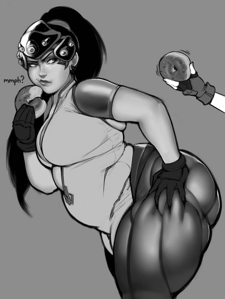 ass_grab belly big_ass big_belly black_and_white black_hair blizzard_entertainment donut fat fat_woman grabbing_own_ass huge_ass monochrome overwatch overweight pewbutt ponytail thick thick_thighs tight_clothing weight_gain widowmaker