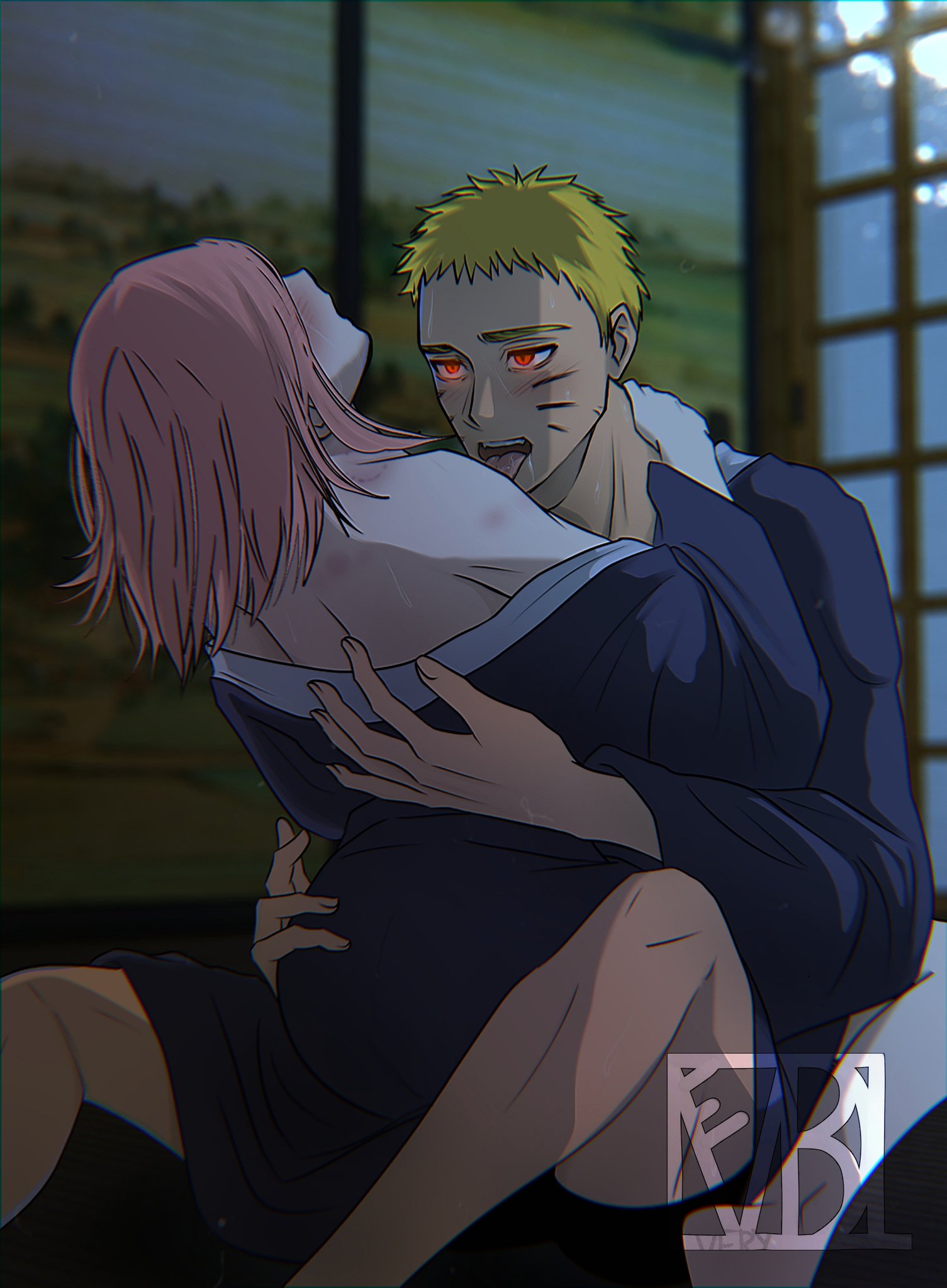 1boy 1girls ass bare_back bare_legs bare_shoulders barefoot barely_clothed big_ass blonde_hair blush boruto:_naruto_next_generations clothed_sex clothing cowgirl_position dark dark_room dress female glowing glowing_eyes implied_penetration implied_sex indoors larger_male licking licking_body licking_partner male male/female moaning naruto naruto_(series) night pink_hair red_eyes romantic romantic_couple sakura_haruno sex sex_under_dress short_hair sitting sitting_on_lap sitting_on_person size_difference smaller_female straddling straight sweat uzumaki_naruto veryblazedreamland yukata