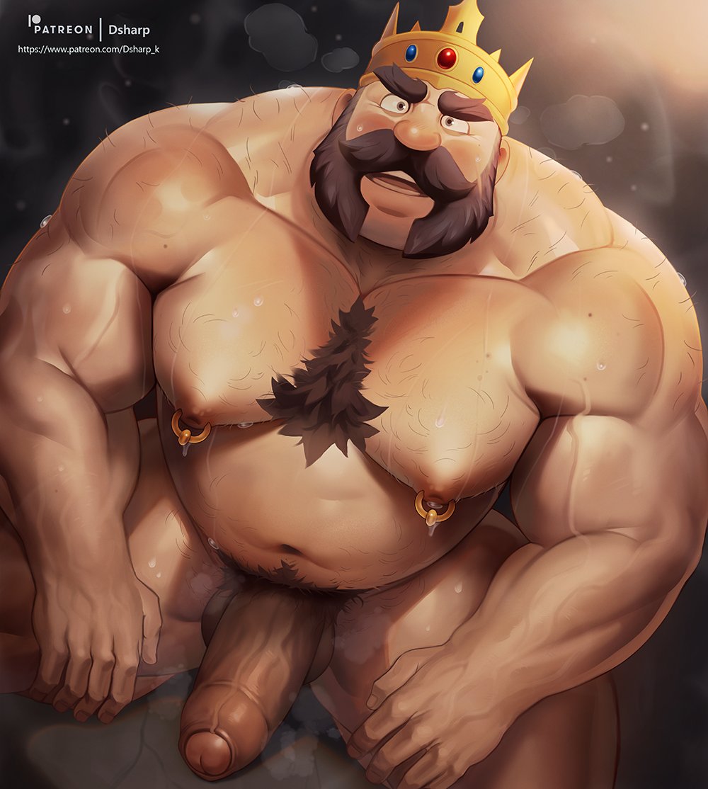 bara, beard, belly, biceps, big penis, blush, body hair, boner, crown, dsharp k, erection, facial hair, foreskin, hairy, looking at viewer, male, male only, moustache, musclegut, muscular, muscular arms, muscular male, musk, nipple piercing, nipples, nude, patreon username, pecs, penis, piercing, pubic hair, smile, solo, solo male, sweat, sweating, thick thighs, uncircumcised, uncut, veiny penis, yaoi