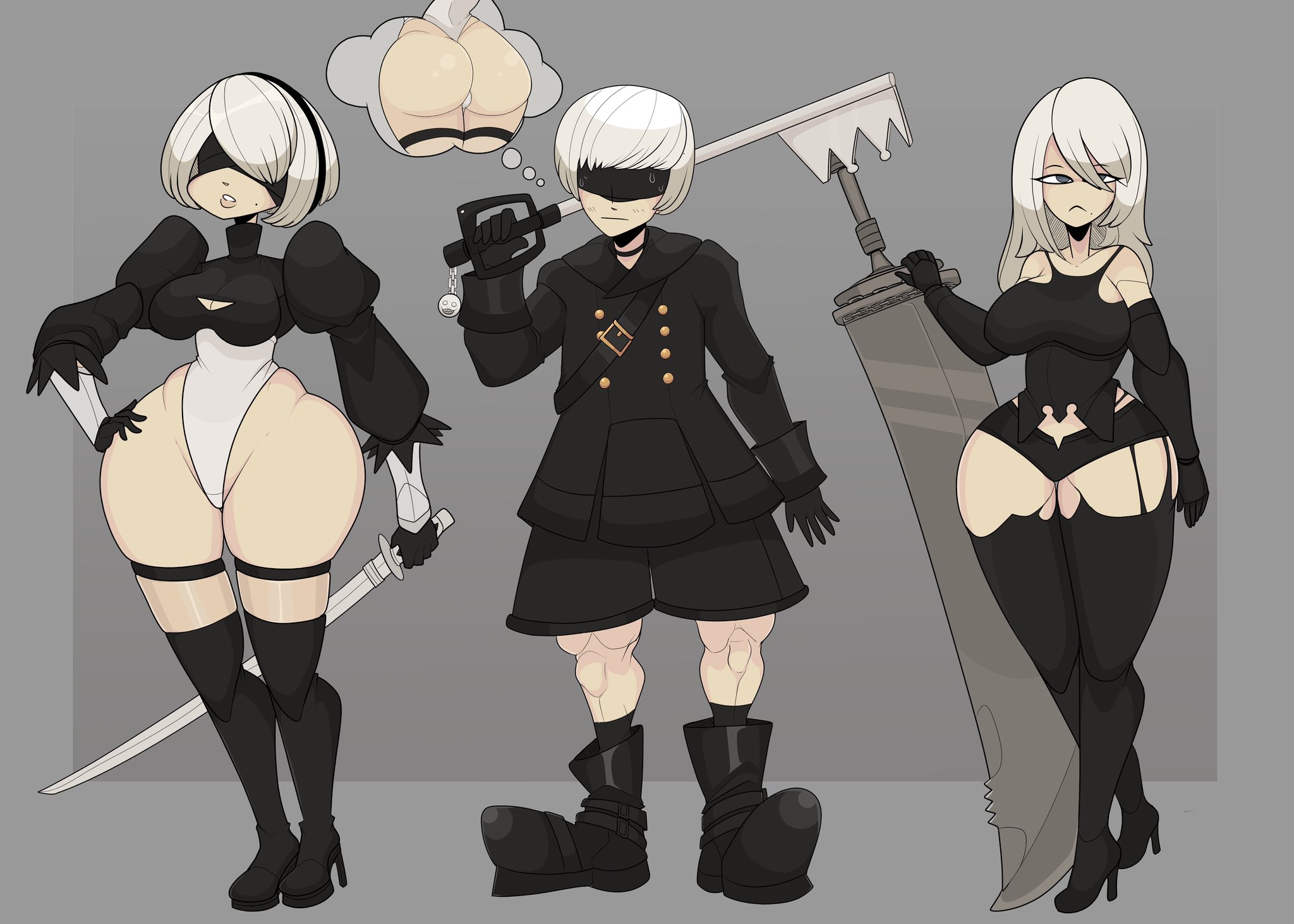 1boy, 2girls, ass, blindfold, breasts, clothed, clothing, female, huge ass, light skin, light-skinned female, light-skinned male, long hair, male, male focus, nier, nier: automata, saltynoodles, short hair, white hair, wide hips, yorha 2b, yorha 9s, yorha a2