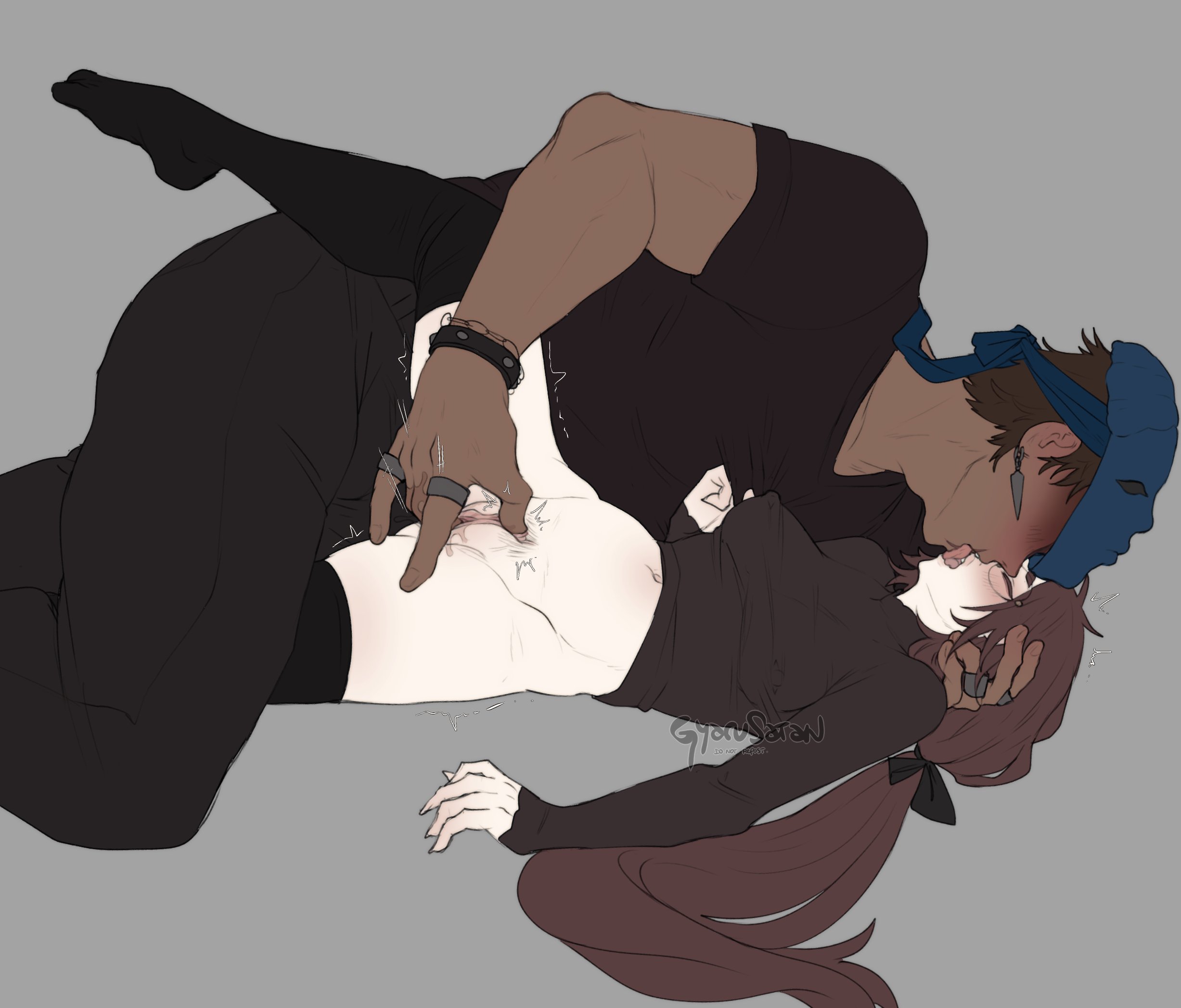 1boy, 1girls, bigger male, black legwear, black thighhighs, blush, brown hair, clitoral stimulation, clitoris, closed eyes, dark skin, dark-skinned male, earrings, feli (gyarusatan), female, fingering, fingering partner, fingering pussy, glasses, grey background, gyarusatan, hi res, kissing, legwear, light skin, light-skinned female, long hair, lying, lying on back, male, mask, nipple bulge, no panties, pussy, round glasses, smaller female, thighhighs, tongue kiss