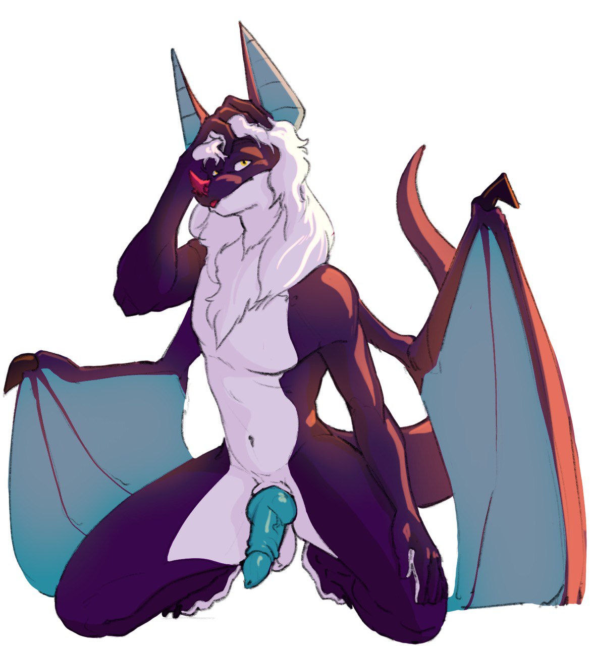 anthro balls bat beefrequency fur genitals hi_res knot male mammal nairn penis purple_body purple_fur solo tail white_body white_fur wings yellow_eyes