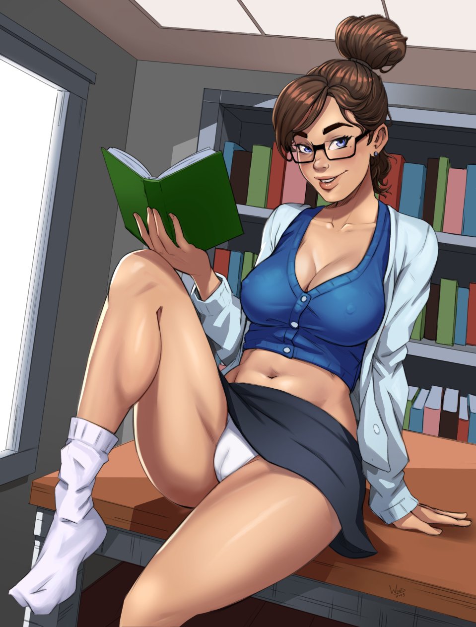 1girls background belly_button book brown_hair clothed_female earring glasses hair_bun holding_book holding_object humanoid leaning_back light_skin looking_at_viewer nipples_visible_through_clothing panties sitting sitting_on_table skirt smile smiling socks tied_hair white_socks woodspiritart