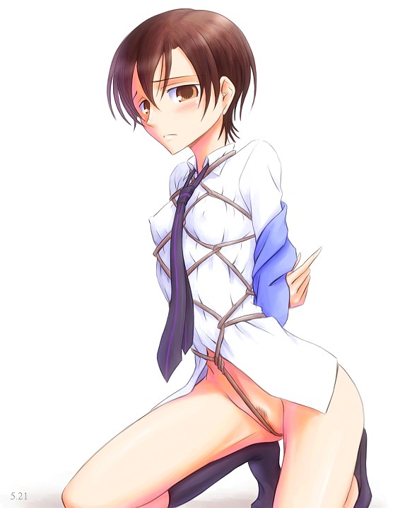 1girls bondage bonnie_(rsg) bottomless brown_eyes brown_hair dark_hair female female_only footwear fujioka_haruhi haruhi_fujioka human necktie ouran_high_school_host_club pale_skin rope school_uniform shirt short_hair socks solo tomboy very_short_hair