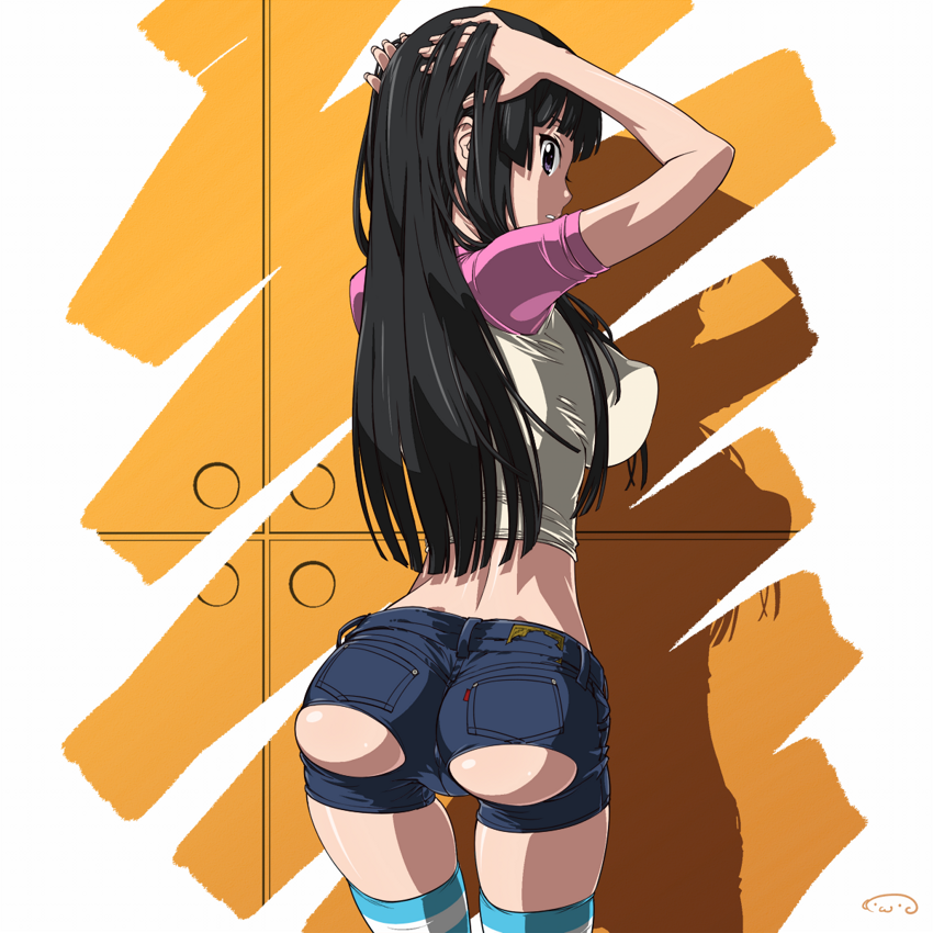 adjusting_hair ass back black_hair breasts denim denim_shorts erect_nipples female female_only hands_on_head hi_res high_resolution highres huge_breasts human human_only impossible_clothing k-on! large_breasts long_hair looking_at_viewer looking_back mio_akiyama_(k-on!) pose posing purple_eyes short_shorts shorts skinny solo striped striped_legwear striped_thighhighs suna thighhighs torn_clothes torn_shorts very_long_hair