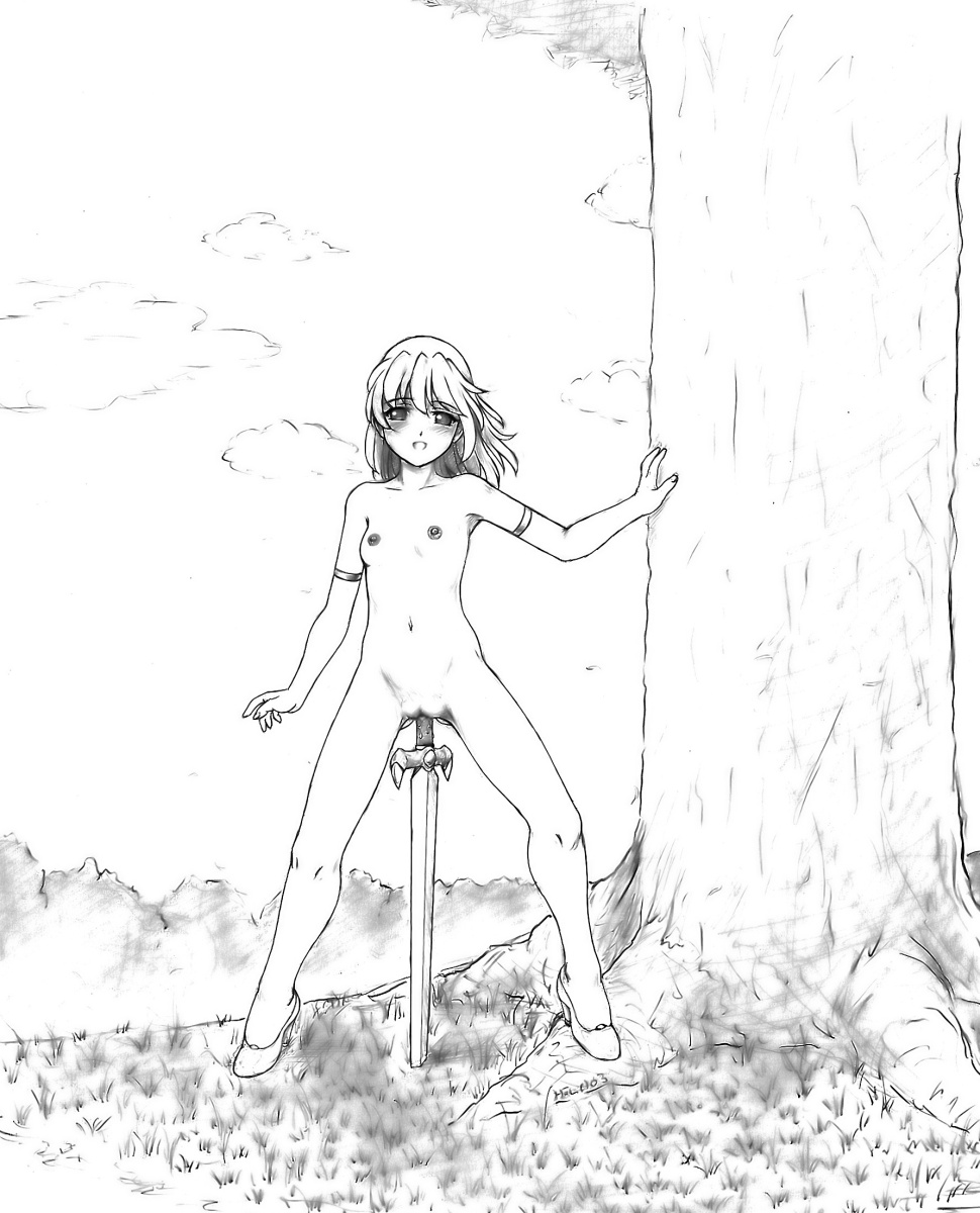 1girls blush flat_chest grafite_(medium) harumachi_nagaaki highres insertion masturbation monochrome nagaaki nipples nude original outdoors shoes short_hair solo sword traditional_media tree weapon