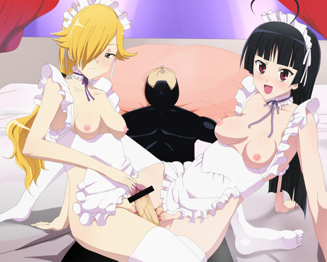 1boy 2girls ahoge aizawa_shouko apron artist_request bad_feet black_hair blonde_hair blush breasts censor_bar censored double_tribadism_on_penis erection feet female ffm_threesome hair_over_one_eyes jewelpet jewelpet_sunshine maid male mizushiro_kanon multiple_girls naked_apron nipples penis pussy red_eyes rubbing sanrio smile teamwork thighhighs tribadism_on_penis