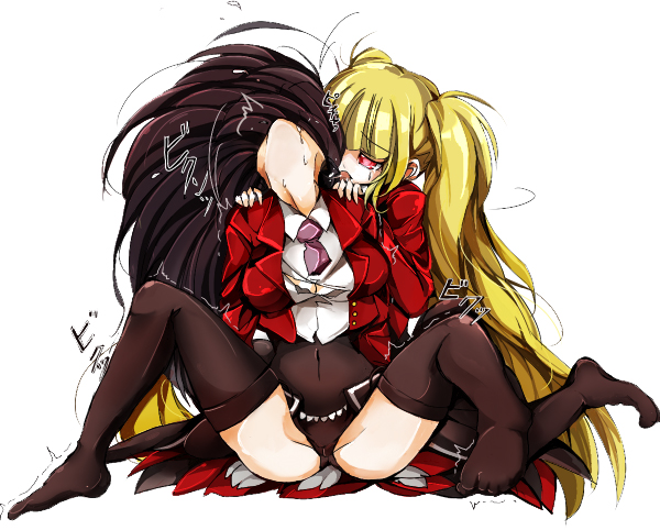 07th_expansion arched_back asmodeus_(umineko) black_hair blonde_hair facing_away female female_only head_back incest licking long_hair lucifer_(umineko) mozu_taiya multiple_females necktie no_shoes orgasm red_eyes shirt siblings simple_background sisters stakecest stakes_of_purgatory thighhighs tied_hair torn_clothes torn_shirt trembling twintails umineko_no_naku_koro_ni very_long_hair yuri