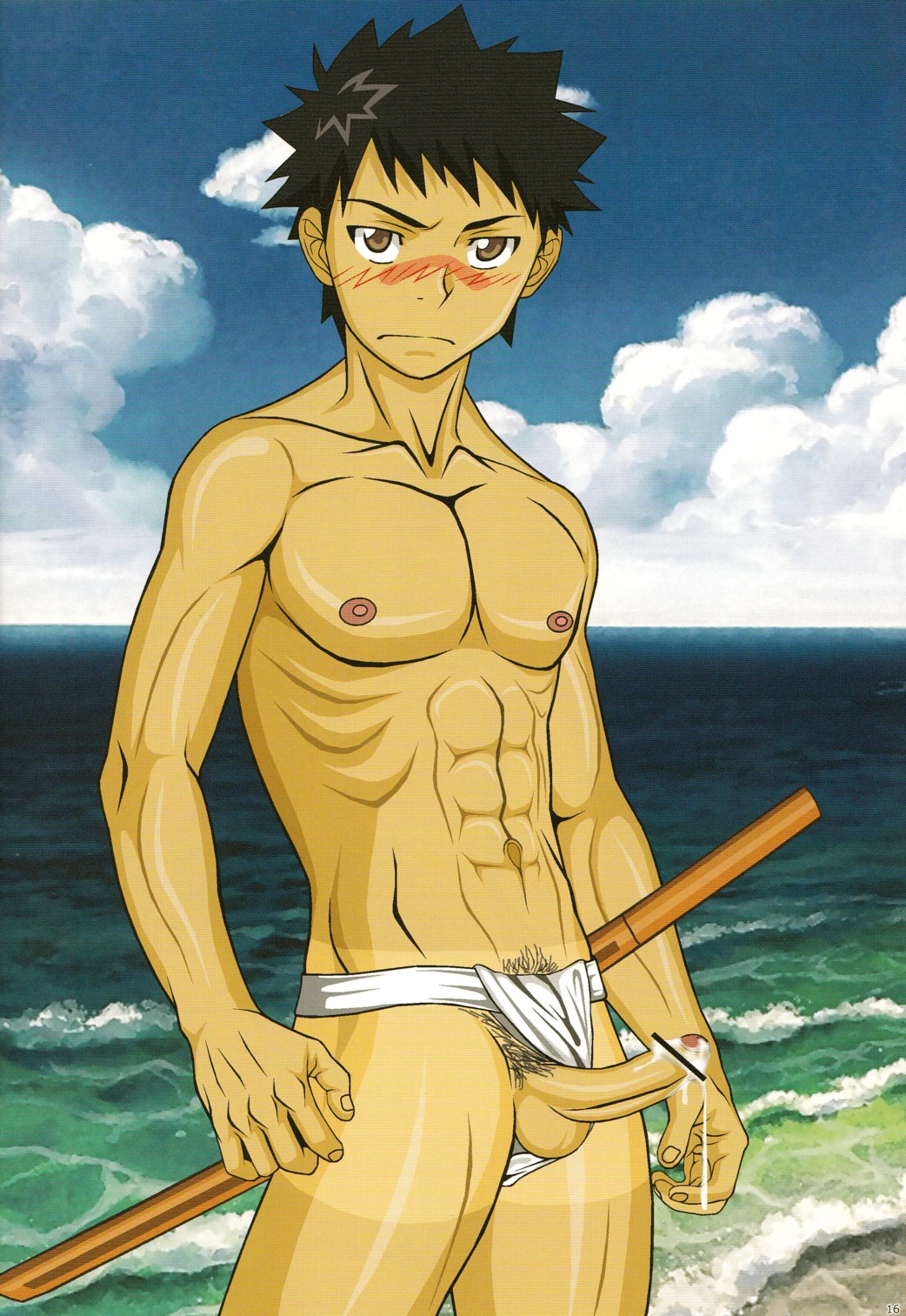 1boy abs bar_censor black_hair blush brown_eyes censor_bar censored censored_penis chest cum erection fundoshi gouryu highres katekyo_hitman_reborn! male male_only muscle pecs penis solo underwear yamamoto_takeshi yaoi