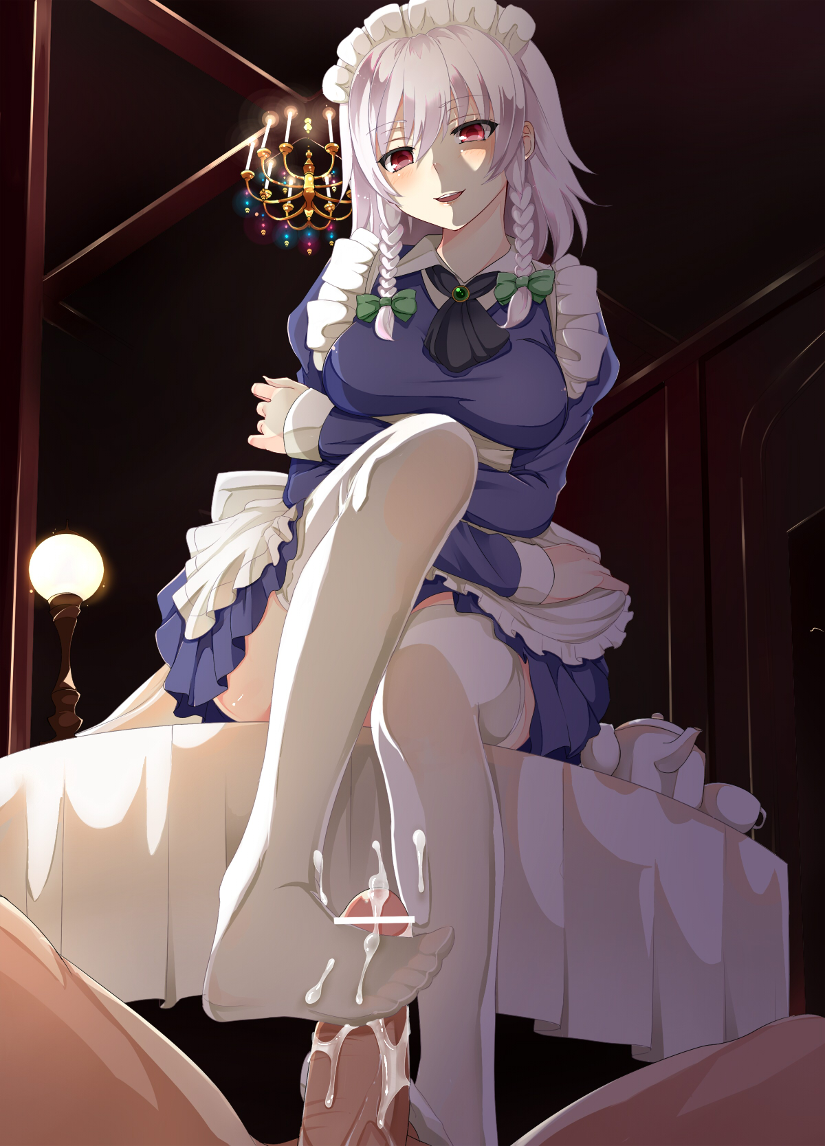 ballcaress blush braid breasts caressing_testicles censored crossed_arms cum cum_on_body cum_on_lower_body feet femdom footjob highres legs maid maid_headdress nuko_(mikupantu) penis red_eyes sakuya_izayoi short_hair silver_hair sitting smile solo the_embodiment_of_scarlet_devil thighhighs touhou twin_braids white_legwear