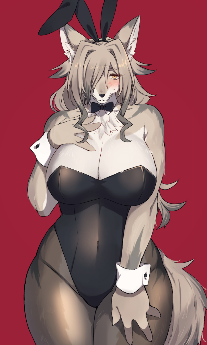 aky_sg6 anthro big_breasts blush bow bow_in_front bow_tie breasts bunny_costume canid canine canis cleavage clothed clothing costume female fingers fur hair hair_over_eye hi_res huge_breasts kemono long_hair looking_at_viewer mammal one_eye_obstructed sgsix solo standing thick_thighs wide_hips wolf