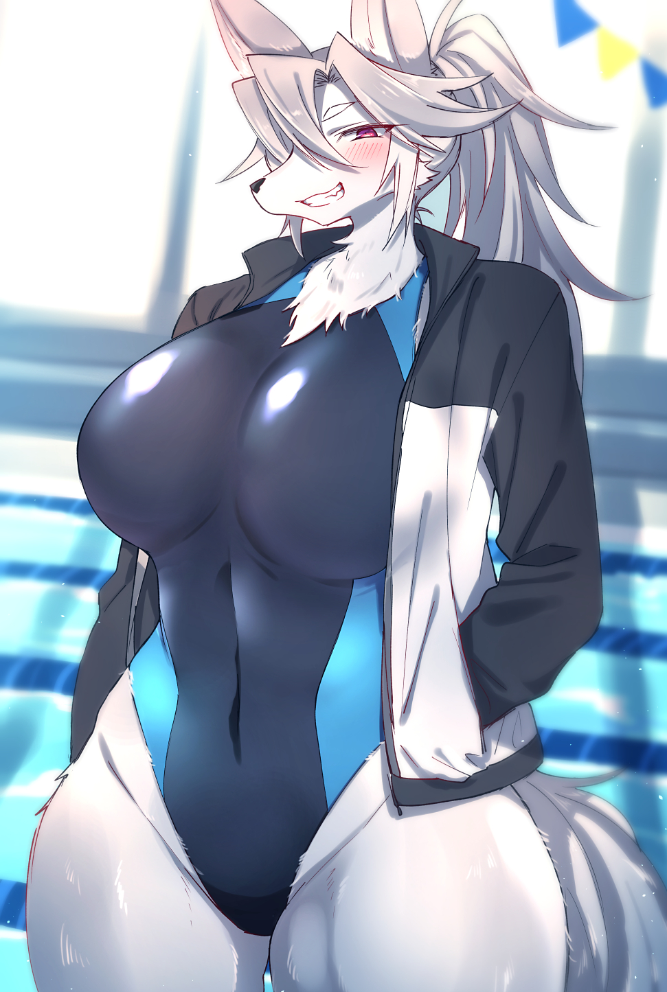 2019 aky_sg6 anthro big_breasts black_nose blush breasts butt_from_the_front canid canine cheek_tuft chest_tuft clothed clothing curvy_figure facial_tuft female female_anthro front_view fur grey_body grey_fur grey_hair grin hair hi_res inside jacket kemono long_hair looking_at_viewer mammal one-piece_swimsuit open_clothing open_jacket open_topwear ponytail portrait red_eyes sgsix smile solo sport_swimsuit swimming_pool swimwear thick_thighs three-quarter_portrait topwear tuft voluptuous water white_body white_fur wide_hips