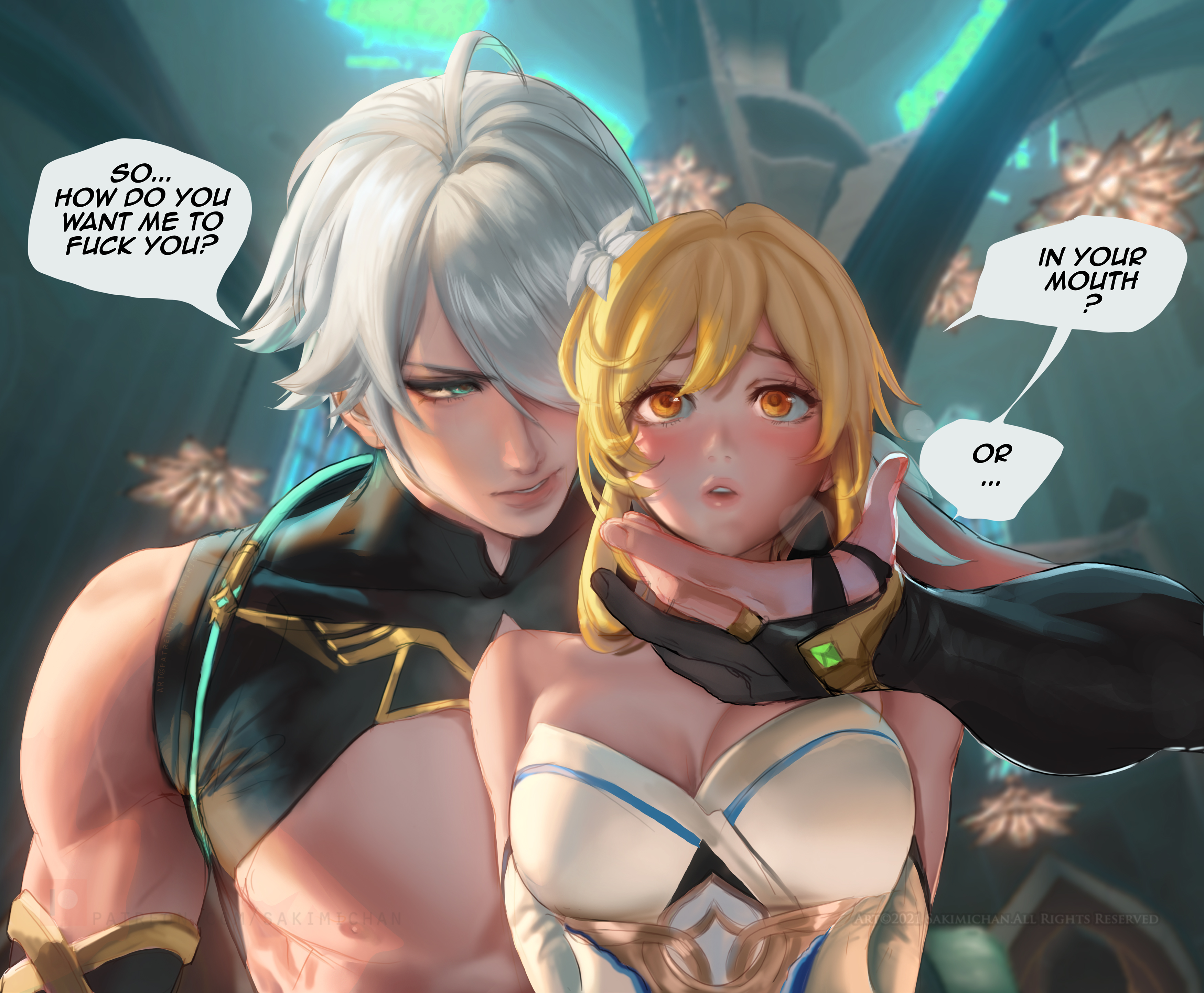 1boy, 1girls, age difference, alhaitham (genshin impact), domination, female, genshin impact, high resolution, lumine (genshin impact), male, petite, questionable consent, sakimichan, size difference, teenager, younger female
