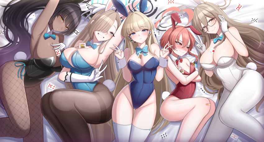 5girls akane_(blue_archive) akane_(bunny)_(blue_archive) animal_ears arm_up armpits arms_up ass asuna_(blue_archive) asuna_(bunny)_(blue_archive) asuna_(bunny_girl)_(blue_archive) bare_shoulders black_hair blonde_hair blue_archive blue_eyes brown_pantyhose bunny_ears bunny_girl bunny_tail bunnysuit cleaning_&_clearing_(blue_archive) cleavage double_peace_sign fishnet fishnet_legwear fishnet_pantyhose footwear glasses hair_between_eyes hair_over_one_eye karin_(blue_archive) karin_(bunny)_(blue_archive) karin_(bunny_girl)_(blue_archive) large_breasts laxiusart light_brown_hair long_hair looking_at_viewer medium_breasts millennium_science_school_student multiple_girls neru_(blue_archive) neru_(bunny)_(blue_archive) playboy_bunny ponytail red_eyes red_hair short_hair small_breasts thick_thighs thighhighs thighs toki_(blue_archive) toki_(bunny)_(blue_archive) uncensored white_gloves white_legwear white_pantyhose white_thighhighs wide_hips wrist_cuffs yellow_eyes