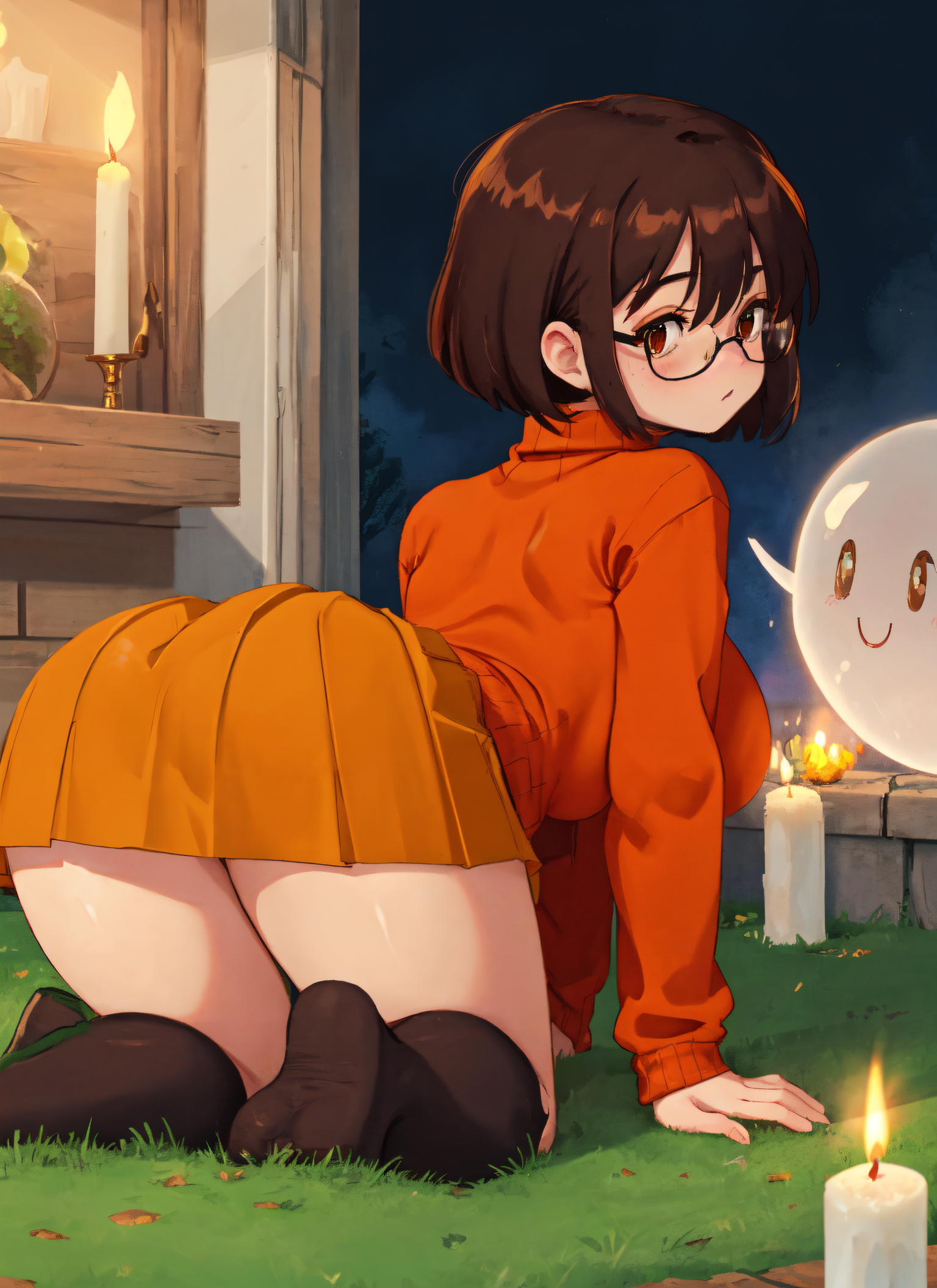 1girls, ai generated, all fours, bent over, clothed, clothing, female, from behind, ghost, glasses, hi res, looking at viewer, looking back, mabi ai, scooby-doo, skirt, solo, sweater, thick thighs, turtleneck, velma dinkley