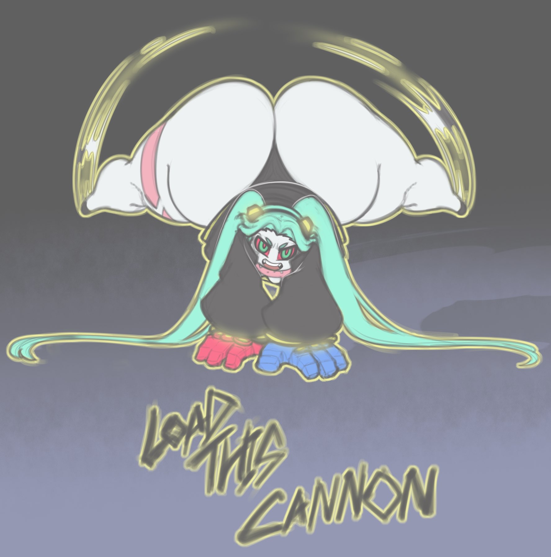 1girls, 2023, all fours, aqua hair, ass, ass up, big ass, blue hair, body markings, bottom heavy, bottomwear, calves, caption, clothed, clothed female, clothes, clothing, cybernetics, cyberpunk 2077, cyberpunk: edgerunners, cyborg, english text, female, footwear, full body, fully clothed, gauntlets, gradient background, green hair, grey body, grey skin, hair, handwear, head down ass up, hi res, huge ass, huge thighs, hyper ass, jacket, kendalljt, large ass, legs apart, long hair, looking at viewer, markings, open mouth, panties, pose, posing, presenting, presenting hindquarters, rebecca (edgerunners), red eyes, red sclera, shoes, simple background, smile, smiling, smiling at viewer, solo, spread legs, straight hair, teal hair, teeth, text, thick thighs, thighs, tongue, topwear, twintails, underwear, very long hair, wide hips