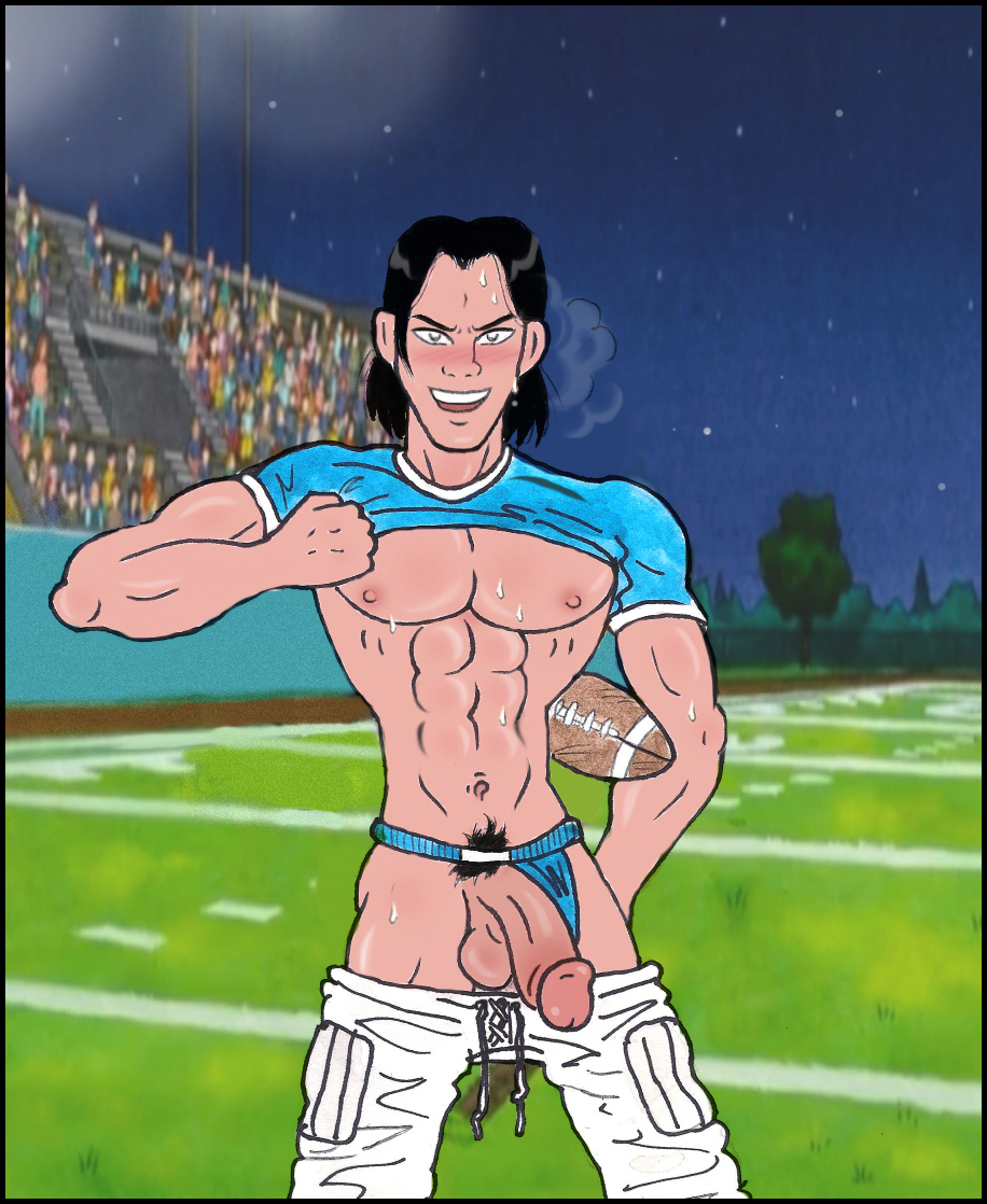 1boy abs audience balls black_hair crowd field fit fit_male football football_(ball) football_field football_uniform in_public indecent_exposure joseph_gribble king_of_the_hill male male_only muscular muscular_male open_mouth pants_down pecs penis penis_out penis_out_of_pants penis_out_of_underwear shirt shirt_lift shirt_up six_pack slim smile solo solo_focus solo_male standing sweat sweatdrop sweaty teenager testicles