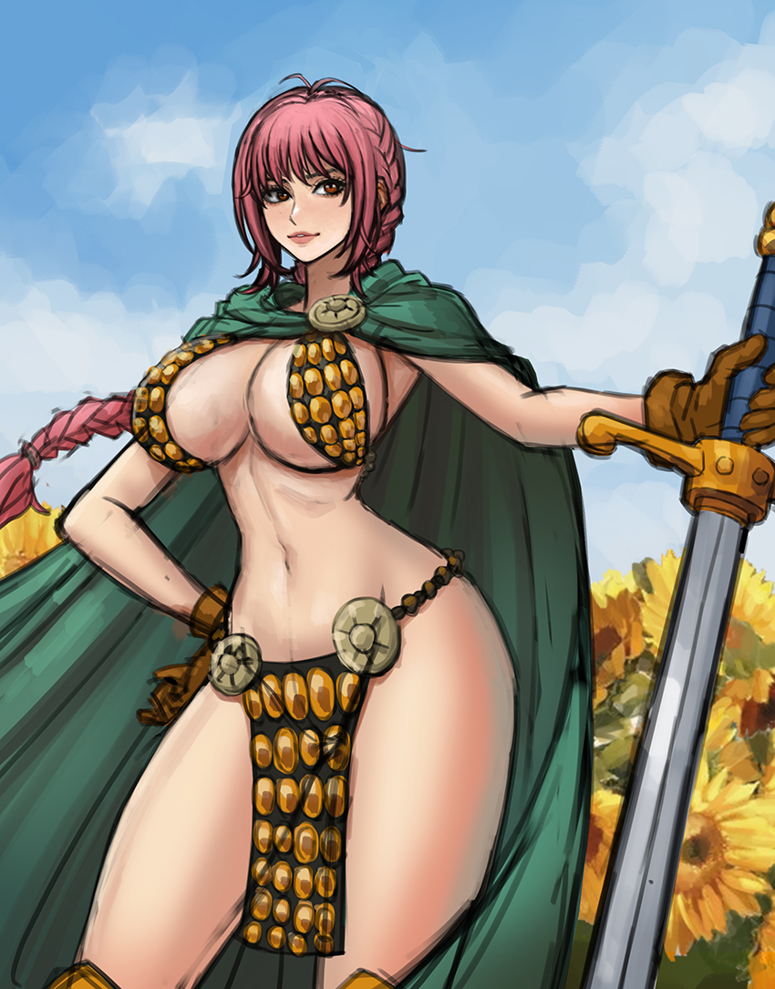 armor bikini_armor braid breasts cape female female_only gladiator gladiatrix green_cape holding holding_sword holding_weapon kyopink large_breasts one_piece pink_hair rebecca_(one_piece) solo sword weapon