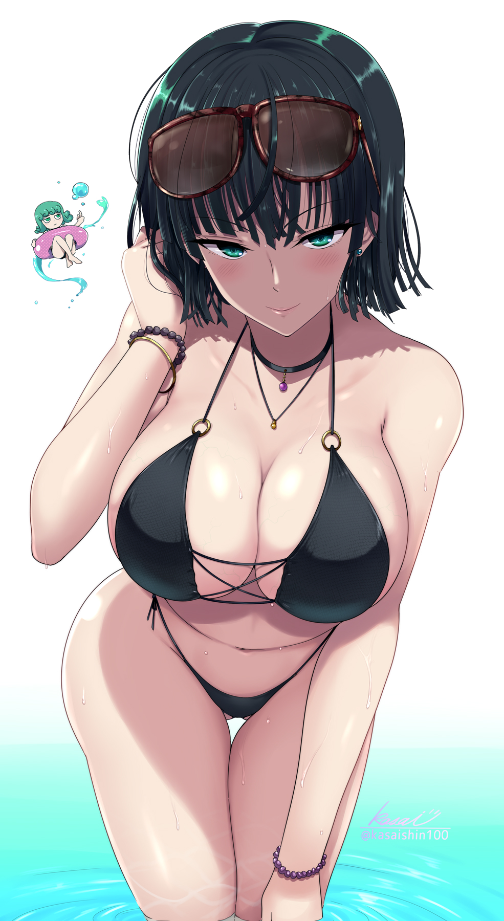 1girls bikini breasts cleavage female fubuki_(one-punch_man) green_eyes green_hair hi_res hips huge_breasts kasai_shin light-skinned_female light_skin medium_hair one-punch_man tatsumaki thick_thighs thighs wide_hips