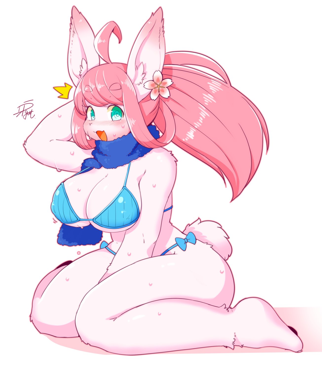 accessory anthro bikini bodily_fluids clothing female flower flower_in_hair green_eyes gut0002 hair hair_accessory hi_res lagomorph leporid looking_at_viewer mammal pink_hair plant rabbit scarf simple_background smile smiling_at_viewer solo sweat swimwear