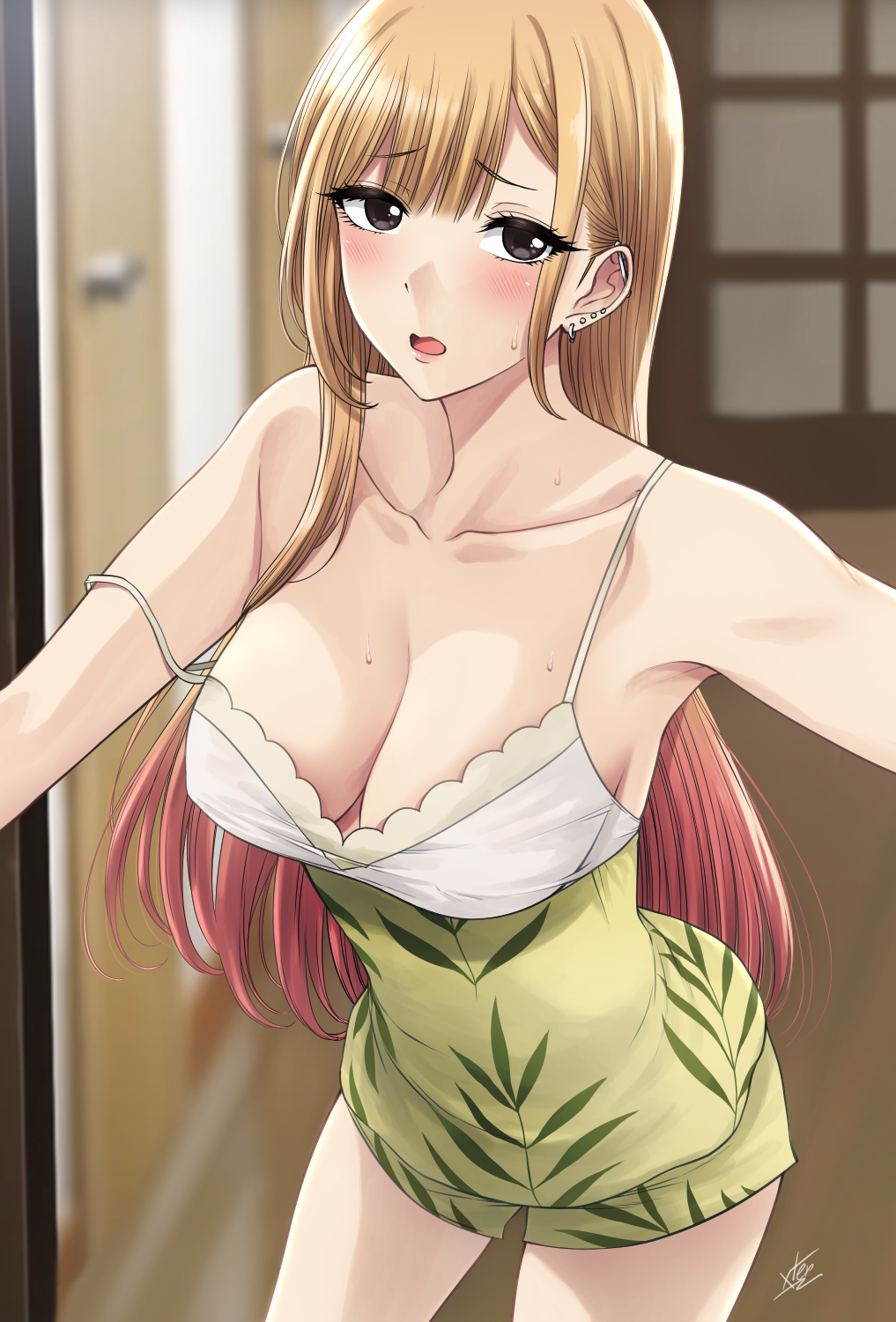 bare_shoulders blonde_hair blurry_background blush blushing breasts cleavage collarbone dark_brown_eyes ear_piercing earring female female_only highres kitagawa_marin long_eyelashes long_hair looking_at_viewer multicolored_hair open_mouth opening_door sono_bisque_doll_wa_koi_wo_suru standing strap_slip sweat thighs xter xtermination