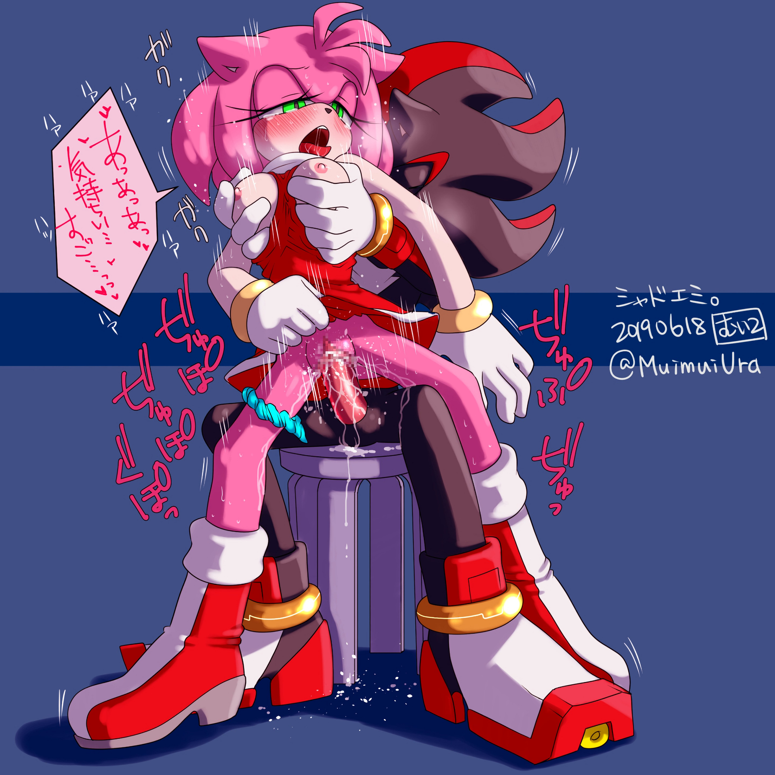 amy rose, anthro, black fur, blush, breast grab, breast squeeze, breasts, censored, censored pussy, cum, cum in pussy, cum inside, female, female anthro, green eyes, japanese text, looking pleasured, male, male anthro, muimuitoby (artist), nipples, onomatopoeia, panties, penetration, penis, pink fur, pussy, pussy juice, red fur, sex, shadow the hedgehog, sitting on penis, sonic (series), sonic the hedgehog (series), straight, sweat, tears, tongue, tongue out, vagina, vaginal penetration
