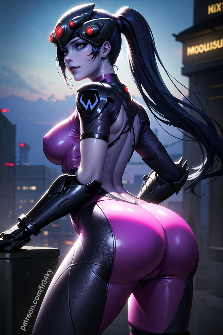 1girls, 2:3, ai generated, ass, bodysuit, breasts, female, female only, fr34ky, from behind, large breasts, long hair, overwatch, patreon username, ponytail, purple hair, purple skin, solo, widowmaker, yellow eyes