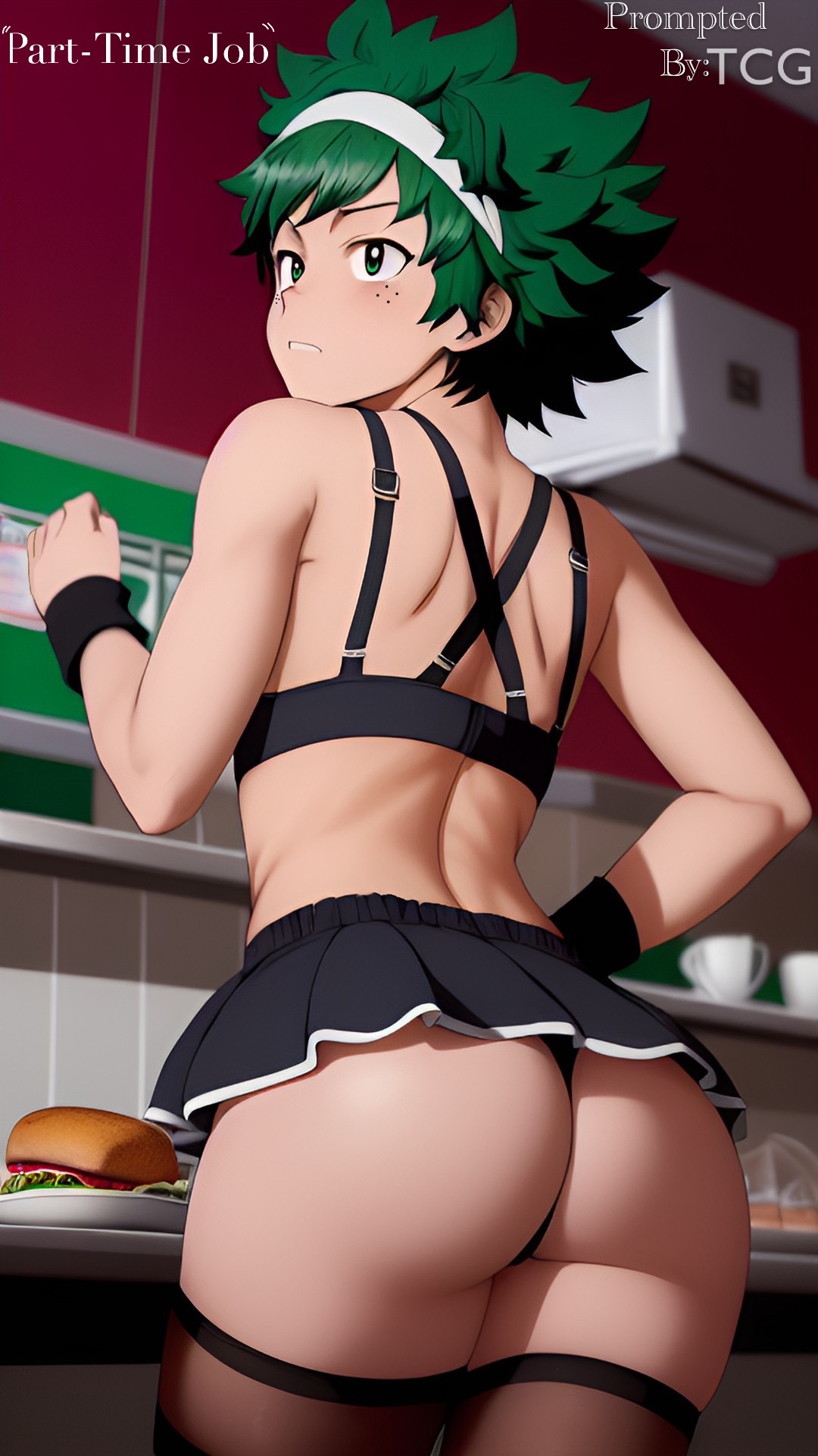 1boy, ai generated, crossdressing, deku, diner, femboy, girly, green eyes, green hair, hamburger, izuku midoriya, lingerie, looking back, male, male only, midoriya izuku, miniskirt, my hero academia, restaurant, thechronicgamer, thighhighs, thong, trap