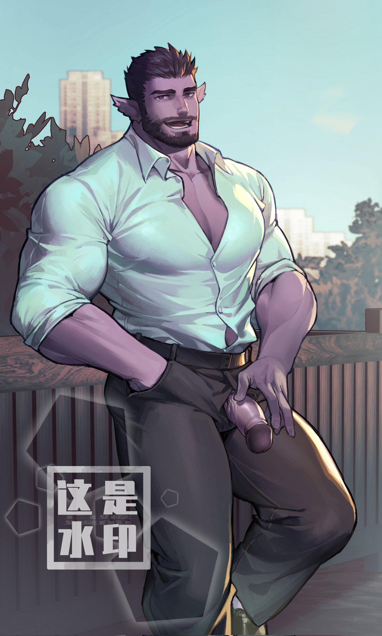 1boy against_fence baimeme baimeme1 bara beard bursting_pectorals collared_shirt colored_skin commission cup facial_hair feet_out_of_frame fence flaccid hair_slicked_back hand_in_pocket highres holding holding_cup large_pectorals looking_at_viewer male_focus mature_male moustache mug muscular muscular_male oc_(eros-cogito) open_fly original partially_unbuttoned pectoral_cleavage pectorals penis pointy_ears purple_eyes purple_skin shirt short_hair sleeves_rolled_up solo standing thick_eyebrows thick_thighs thighs veins veiny_penis