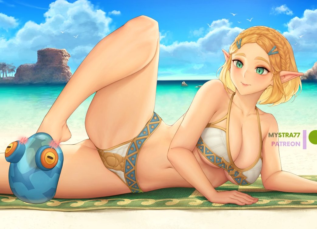 1girls beach bikini blonde_hair blue_eyes blush breasts breath_of_the_wild chuchu cleavage clothing elf feet female frog humanoid hylian large_ass leg_up legs mystra77 nintendo pale_skin princess_zelda swimwear tears_of_the_kingdom the_legend_of_zelda zelda_(tears_of_the_kingdom)