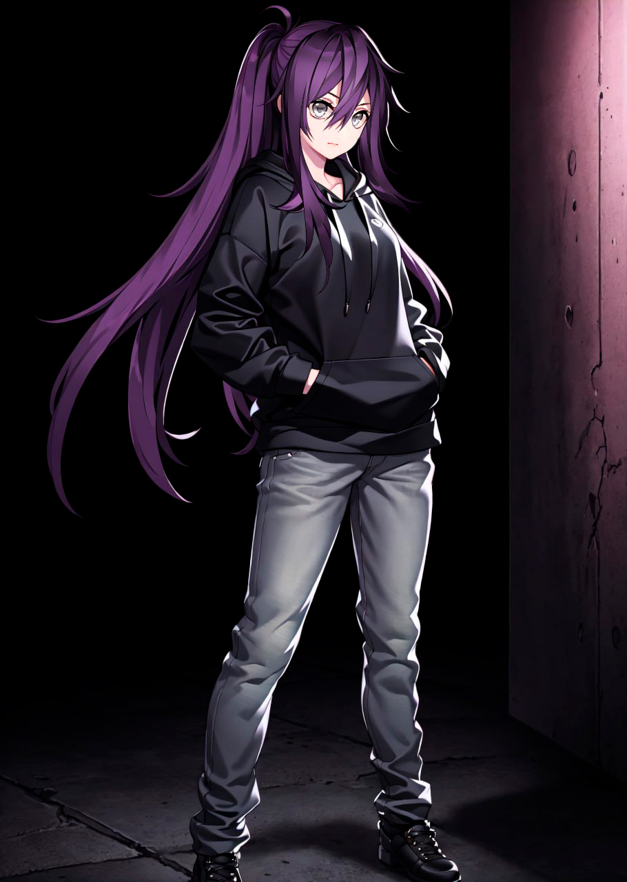 darkness denim female grey_eyes hand_in_pocket hands_in_pockets highres hood hoodie jeans kotonoha_haruko my_summer_adventure_-_memories_of_another_life night non-web_source pants purple_hair solo tsundere visual_novel