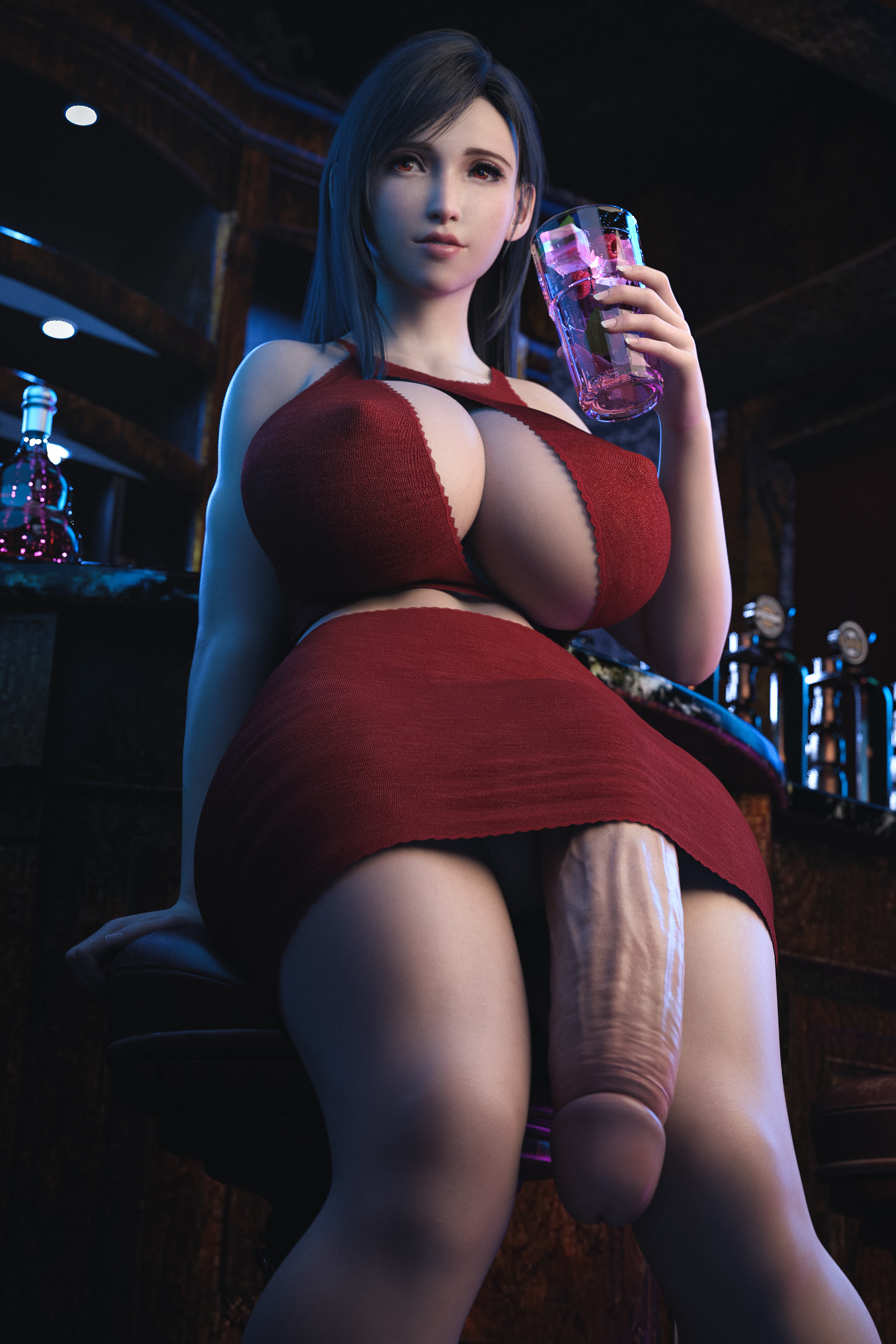 1futa, 3d, balls, big balls, big breasts, big penis, breasts, casual exposure, casual nudity, clothing, final fantasy, final fantasy vii, final fantasy vii remake, foreskin, fully retracted foreskin, futa only, futanari, huge breasts, huge cock, ineffective clothing, ineffective skirt, intersex, large penis, light skin, light-skinned futa, looking at viewer, low-angle view, penis, retracted foreskin, sitting, smooth skin, solo, stevencarson, testicles, tifa lockhart, uncircumcised, uncut
