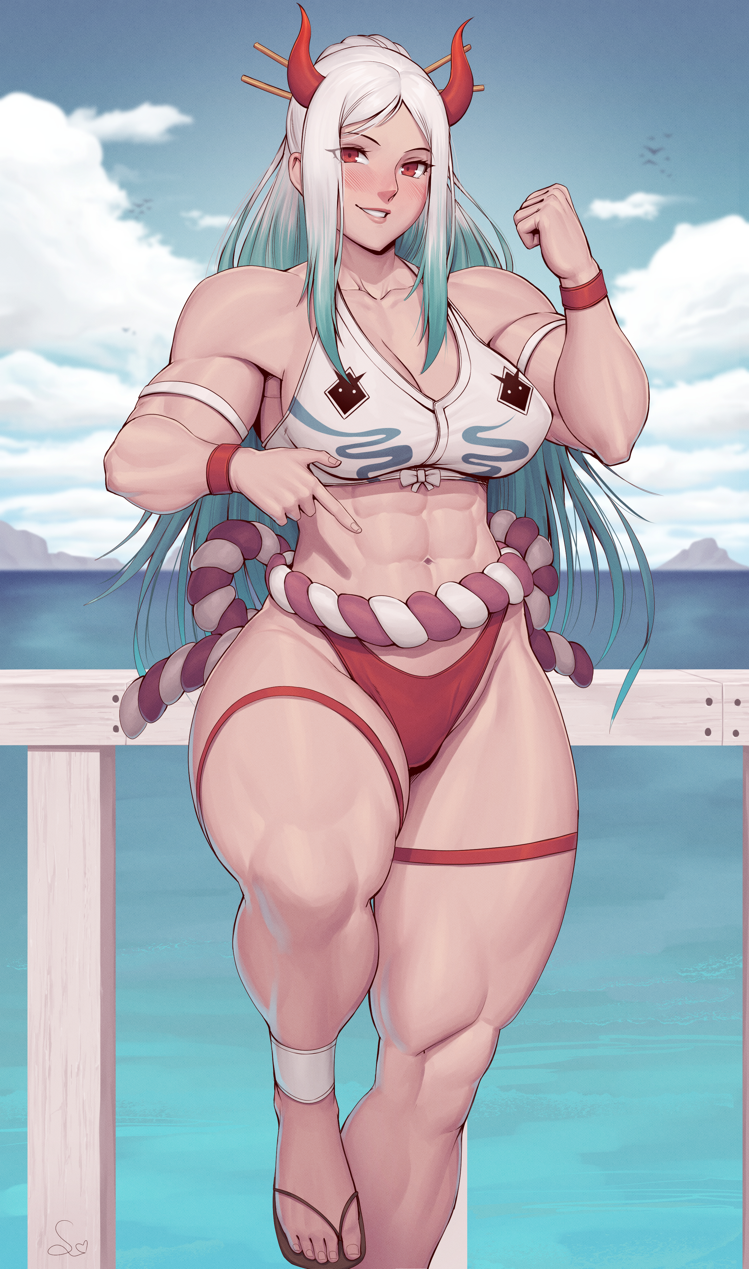 1girls, abs, absurd res, armband, bare shoulders, biceps, big breasts, blue hair, blush, breasts, brown eyes, clothed, clothing, curvy, ear piercing, earrings, female, female focus, female only, gradient hair, hi res, highleg, highres, hoop earrings, horned humanoid, horns, humanoid, light skin, light-skinned female, long hair, looking at viewer, medium breasts, multicolored hair, muscular, muscular arms, muscular female, navel, one piece, oni, oni horns, red hair, revealing clothes, sandals, shounen jump, signature, simple background, solo, speedl00ver, thick thighs, two-tone hair, white hair, white-haired female, wide hips, wristband, yamato (one piece)