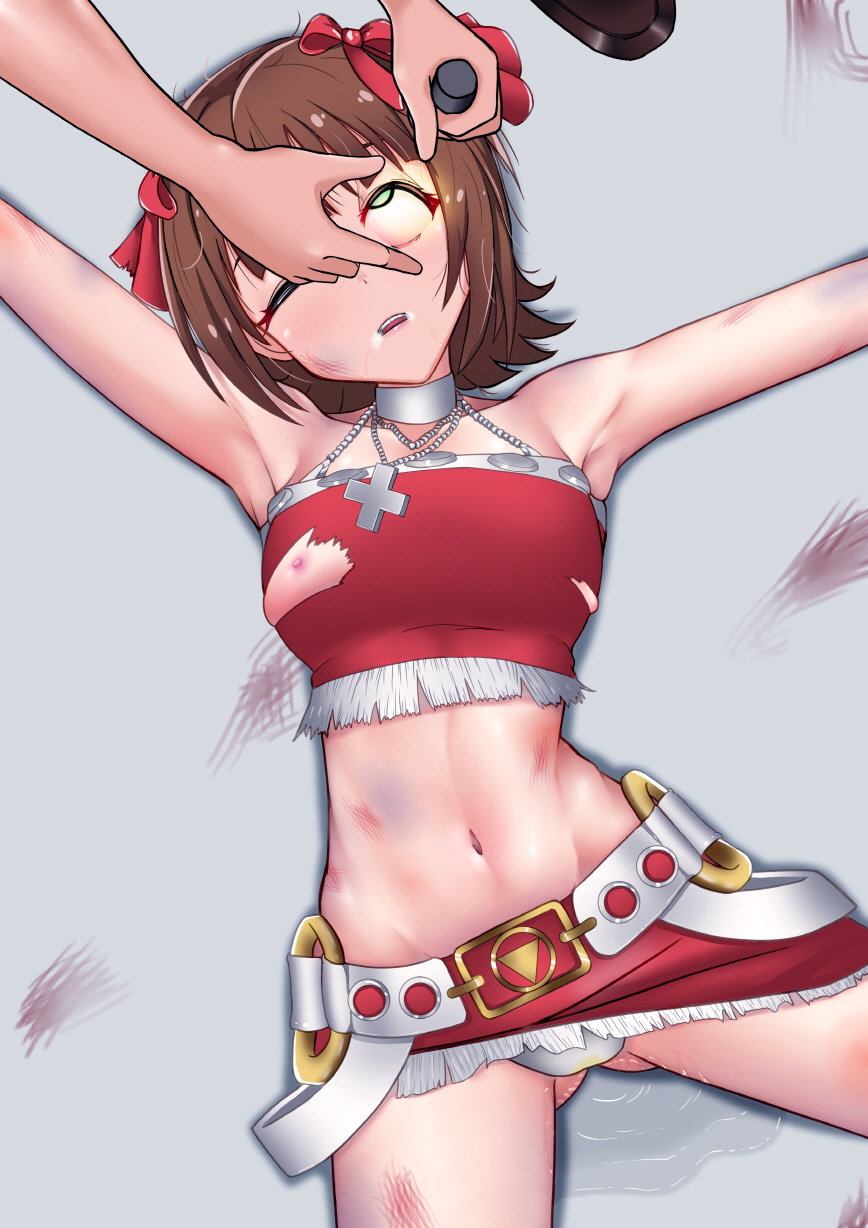 1girls, artist request, bad end, beaten, beaten up, brown hair, bruise, bruised, bruised arm, bruised leg, bruised stomach, exposed nipple, eyes rolling back, female, female focus, flashlight, hair ribbon, incontinence, necklace, nipples, peeing, ryona, short skirt, solo focus, still alive, taught a lesson, unconscious, visible nipples