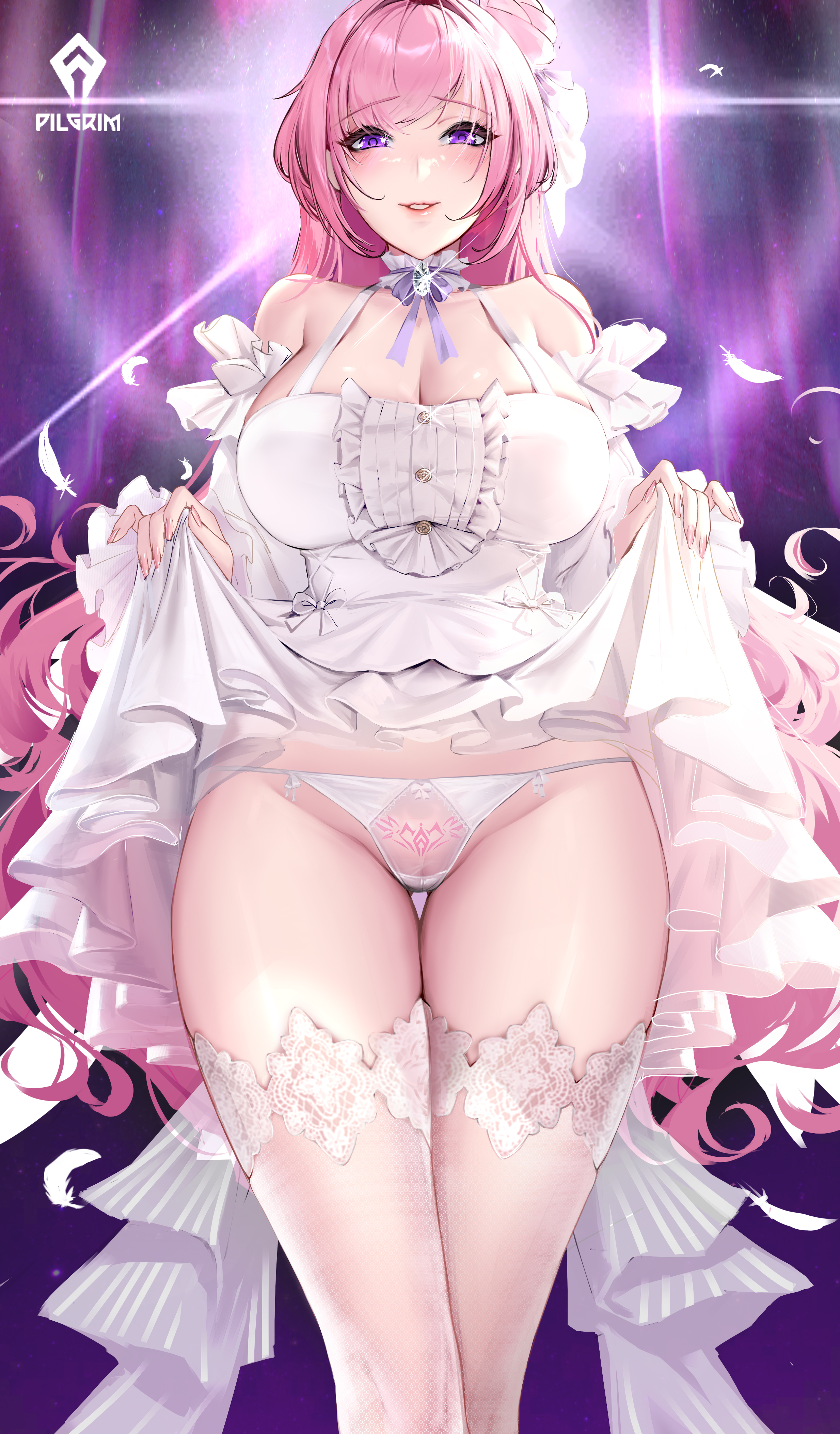 1girls, absurdres, bare shoulders, blush, bow, bow panties, breasts, cian yo, cianyo, cleavage, clothes lift, collar, detached sleeves, dorothy (nikke), dress, eyebrows visible through hair, feathers, female, female only, frilled dress, frills, glint, goddess of victory: nikke, grin, hair bun, hair ornament, highres, large breasts, lifted by self, logo, long hair, looking at viewer, nail polish, panties, parted lips, pink hair, pink nails, pubic tattoo, purple bow, purple eyes, purple hair, pussy, pussy peek, see-through, see-through panties, sidelocks, skirt, skirt lift, smile, solo, solo female, tattoo, thigh gap, thighhighs, thighs, underwear, very long hair, white dress, white legwear, white panties, white thighhighs