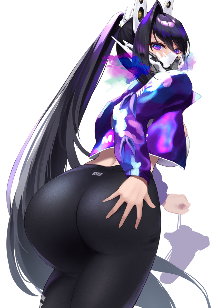 1girls 2023 ass big_ass big_breasts black_hair breasts curvaceous curvy goddess_of_victory:_nikke hand_on_ass hand_on_butt hi_res high_resolution highres jacket long_hair looking_at_viewer looking_back mask ponytail purple_eyes rinrin_kai simple_background sin_(nikke) solo solo_female solo_focus thighs white_background yoga_pants