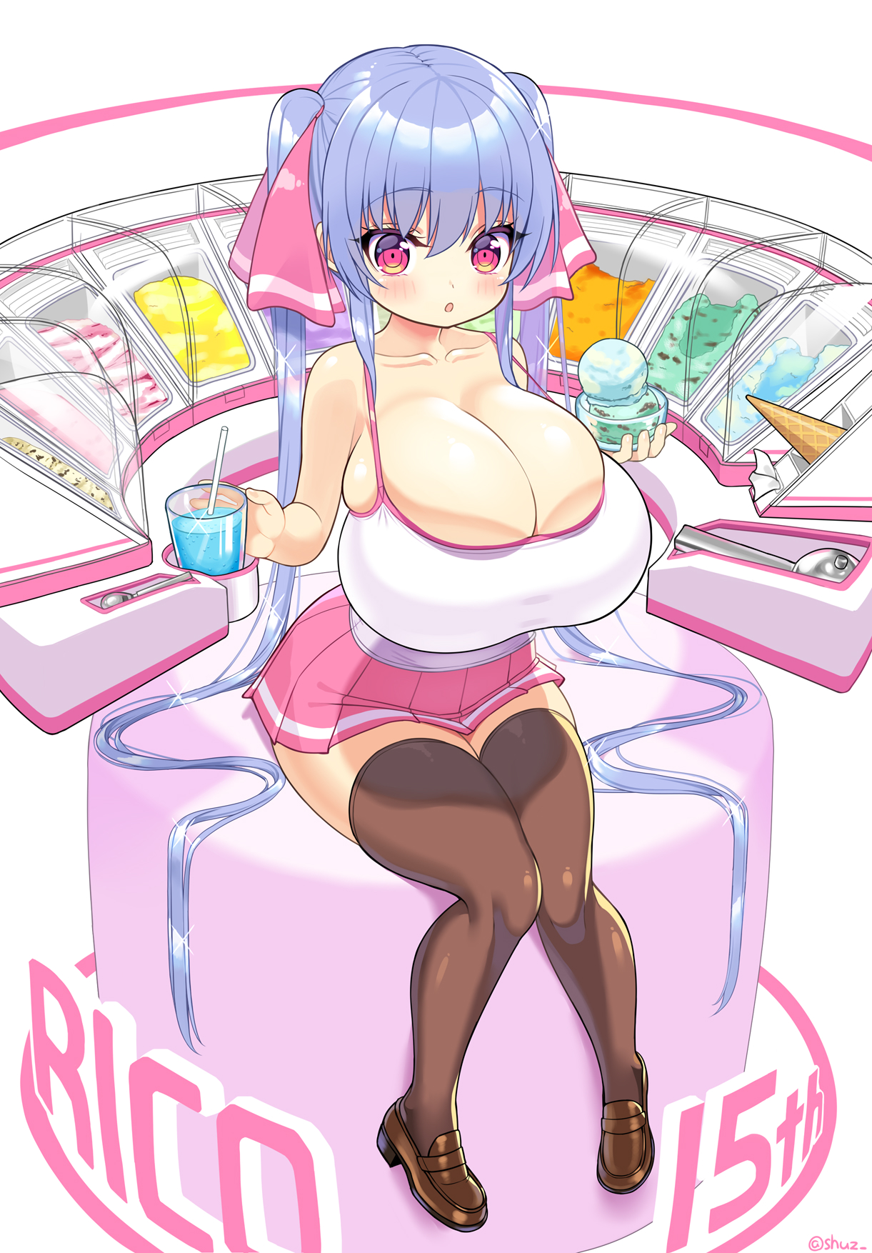 ass, barely clothed, barely contained, big ass, big breasts, blue hair, blush, breasts, cleavage, clothed, collarbone, cute, female, hair between eyes, hair ornament, hair ribbon, hourglass figure, huge breasts, ice cream, knees together feet apart, long hair, looking at viewer, massive breasts, o.o, original, pink eyes, riko (shuz), shiny clothes, shiny skin, shortstack, shuz (dodidu), sitting, skindentation, skirt, solo, stockings, tank top, thick thighs, thighhighs, tight clothing, twintails, wide hips