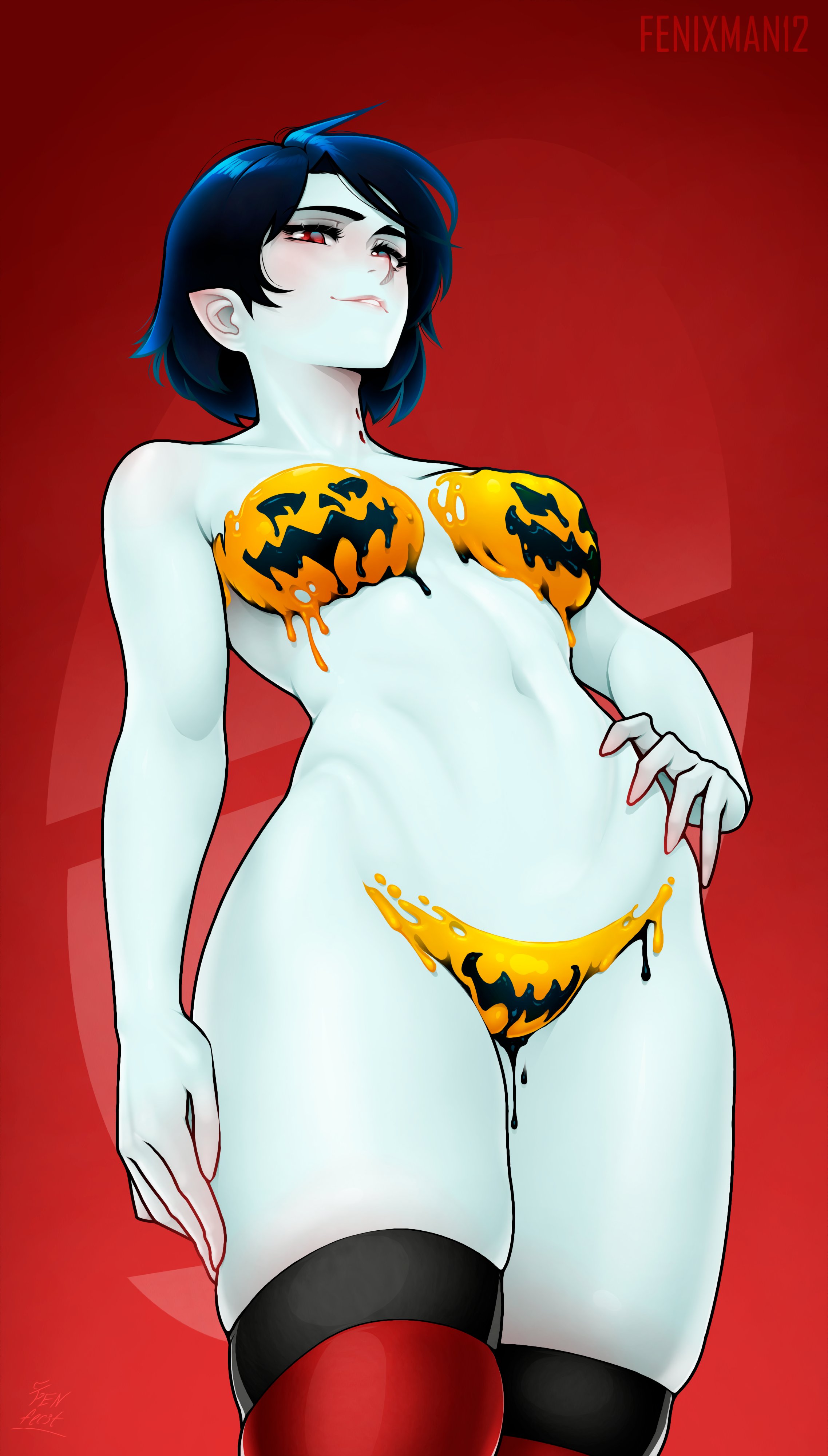 1girls, adventure time, bodypaint, breasts, cartoon network, female, fenixman12, halloween, hand on hip, marceline, medium breasts, nude, pale skin, pumpkin boobs, red background, red eyes, short hair, solo, standing, vampire, wet