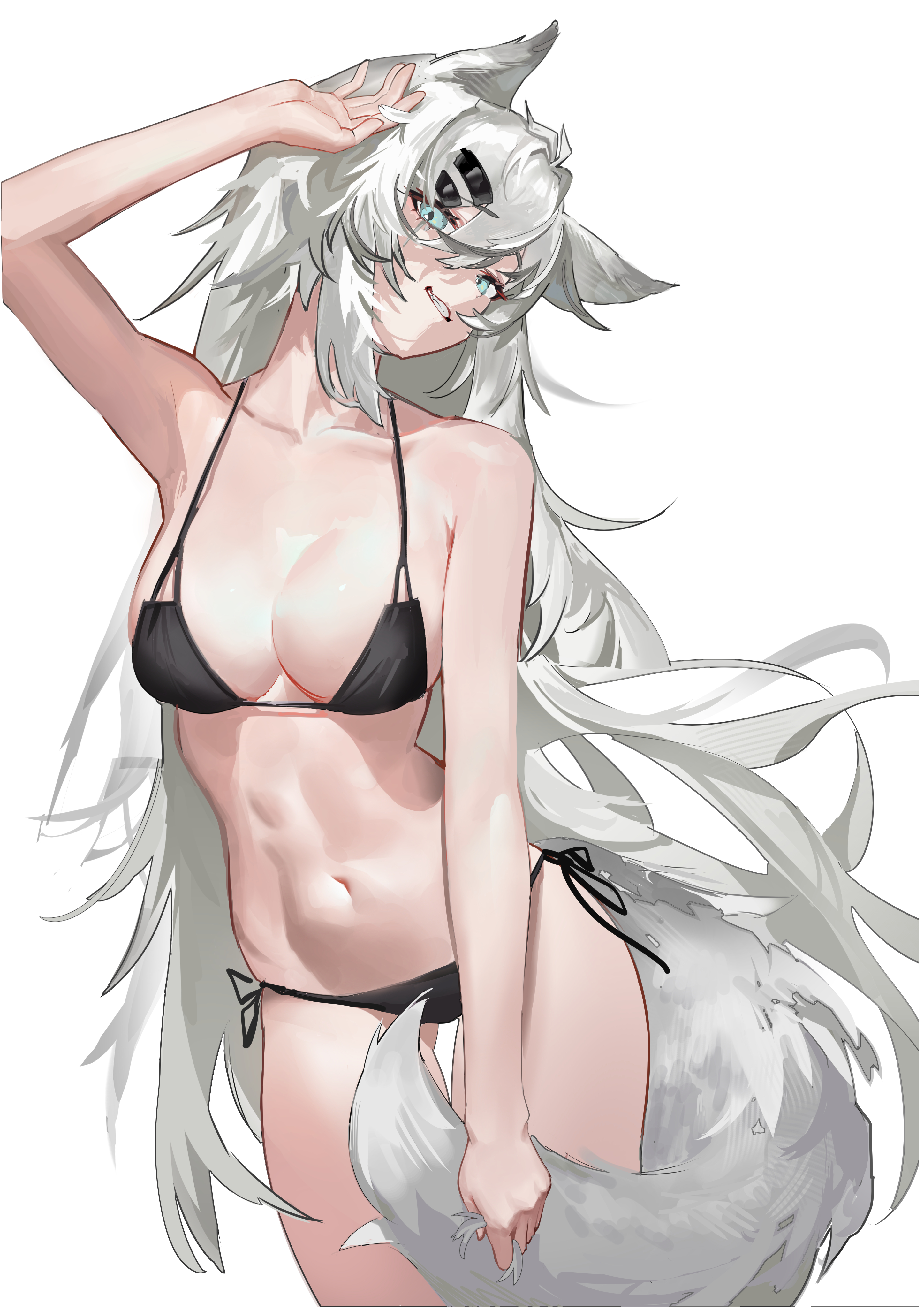 arknights, big breasts, bikini, blue eyes, breasts, curvy, female, hairclip, lappland (arknights), light skin, light-skinned female, long hair, looking at viewer, midriff, pale skin, pale-skinned female, rui (woyoudabing rui), side-tie bikini, swimsuit, white hair, wolf ears, wolf girl, wolf tail