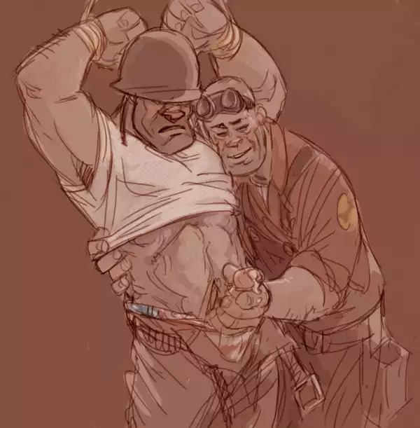 2boys, 2d, bondage, bound wrists, engineer (team fortress 2), handjob, human, human male, human only, kgbigelow, male, male only, male/male, multiple males, soldier (team fortress 2), tagme, team fortress 2, valve corporation