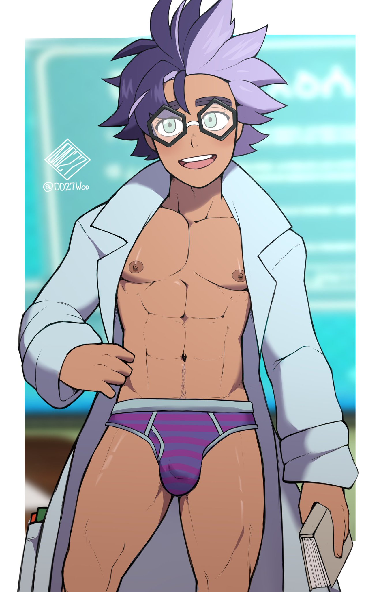 0027woo big_bulge briefs bulge classroom flushed glasses huge_bulge jacq_(pokemon) male male_only melanin muscles muscular muscular_male open_coat pokemon pokemon_sv shy smiling_at_viewer smooth_chest smooth_skin teacher underwear zinnia_(pokemon_sv)