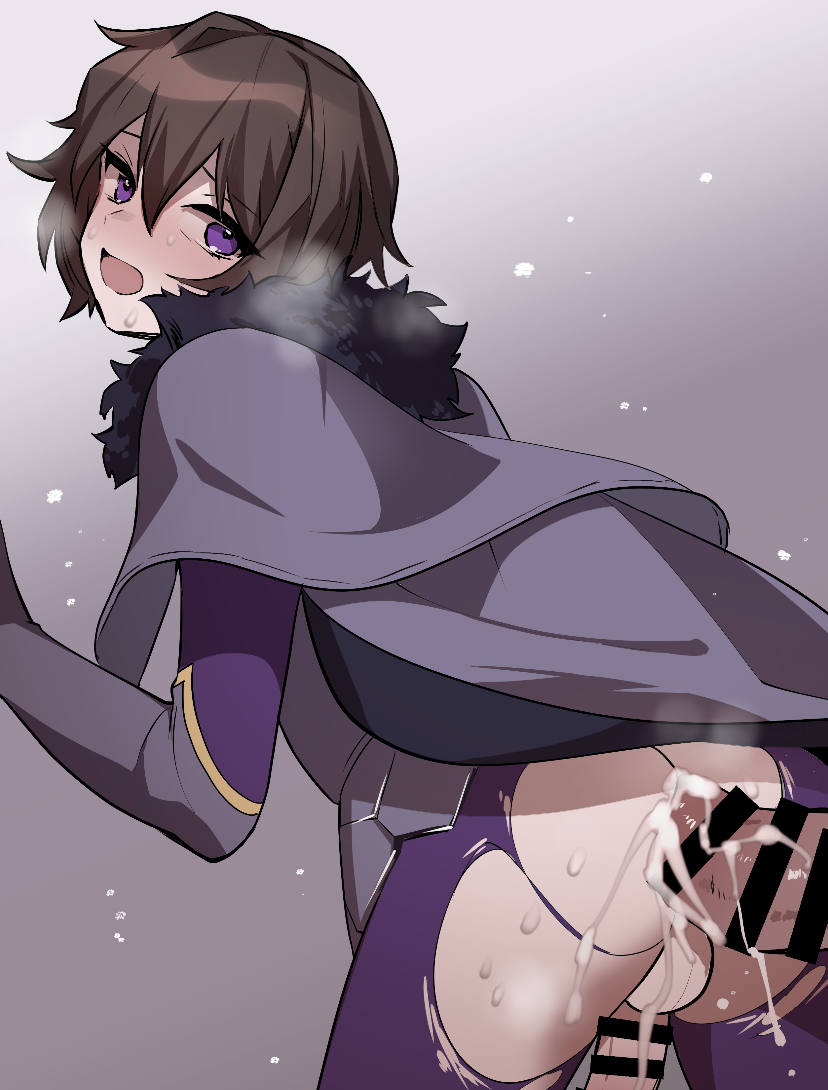 anal, anal sex, armor, ashwing makuro, ass, brown hair, cape, censored, censored penis, cum, cum in ass, cum inside, doggy style, femboy, femboysub, from behind, gay, knight, looking back, male, penis, purple eyes, ripped clothing, robert the knight, short hair, virtual youtuber, vtuber