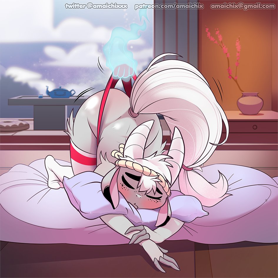 almost_naked amaichix bent_over female furry goat_girl headband high_thighs horns qingjiu_(diives) sleeping stripping tagme tail xingzuo_temple