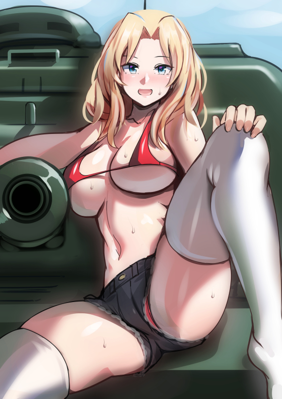 1girls ayakumo bare_shoulders bikini_top blonde_female blonde_hair blue_eyes female female_only girls_und_panzer hotpants kay_(girls_und_panzer) light-skinned_female light_skin midriff navel red_bikini_top short_shorts sitting solo stockings sweat tank thighhighs thighs underboob white_stockings